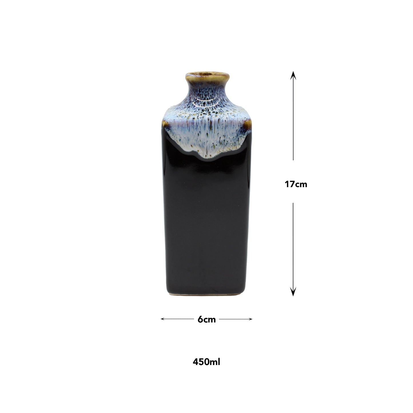 
                  
                    The Sake Carafe - Dark Brown with Blue Drip is a 17 cm tall, 6 cm wide Minoyaki porcelain vase with a dark base and blue textured top, holding 450 ml—ideal as a unique sake carafe or stylish Japanese homeware piece.
                  
                