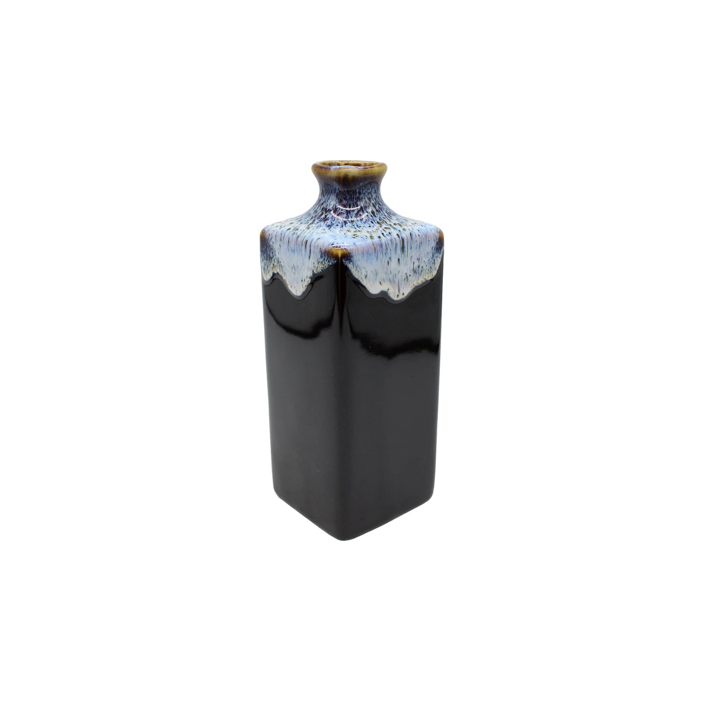 
                  
                    The Sake Carafe - Dark Brown with Blue Drip features a square ceramic body, a narrow neck, and a glossy blue drip glaze at the top, inspired by Japanese homeware and classic sake carafe designs.
                  
                