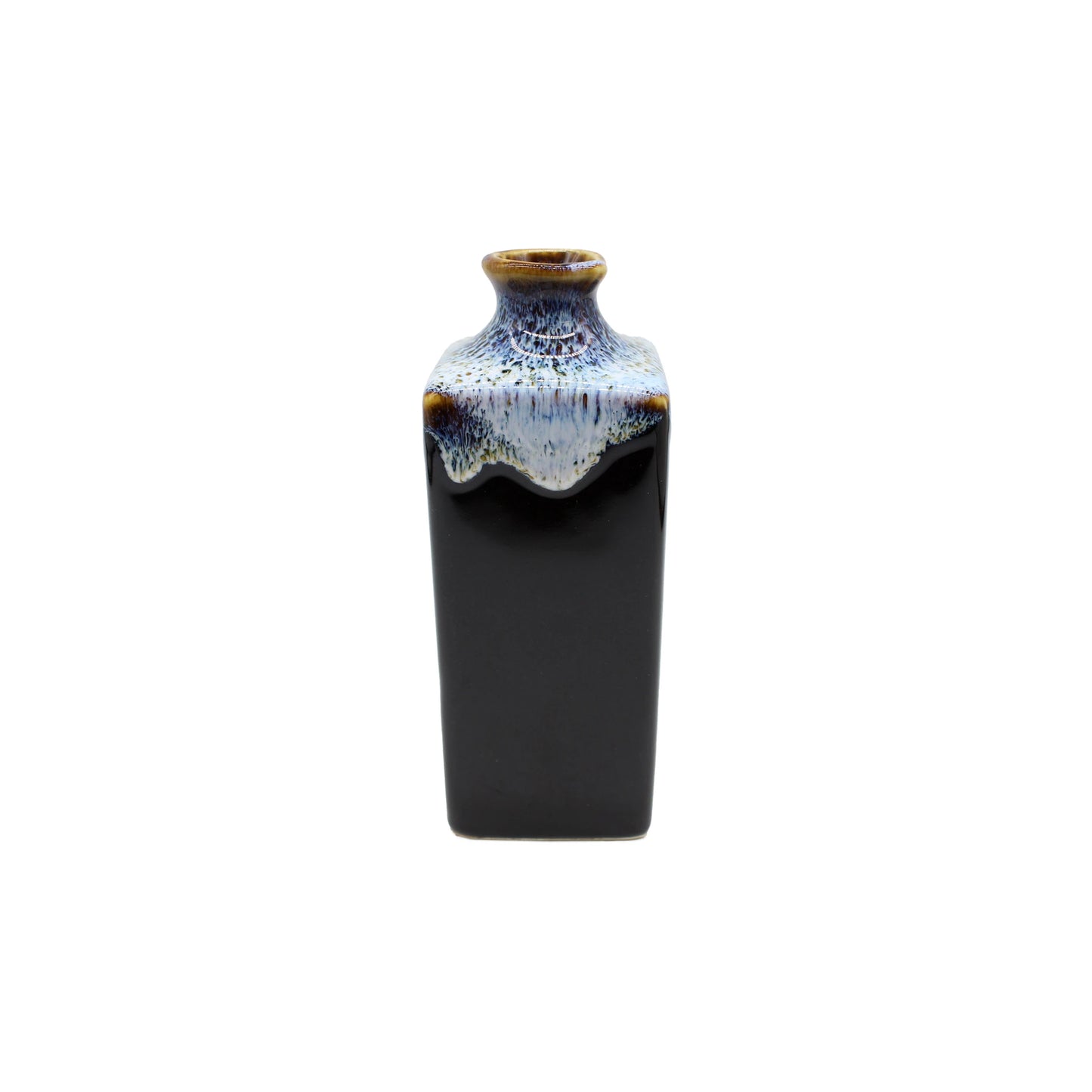 
                  
                    A square, dark brown Minoyaki porcelain Sake Carafe with a narrow neck and blue drip glaze around the top, inspired by traditional Japanese homeware.
                  
                