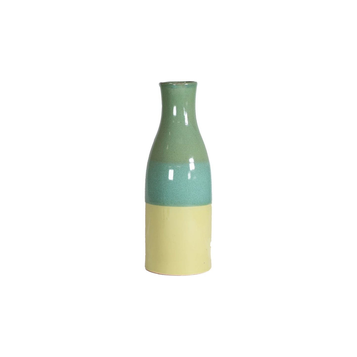 The Sake Carafe - Green & Lime features a glossy ceramic finish with a green top and lime bottom, highlighting modern design as it stands upright against a white background.