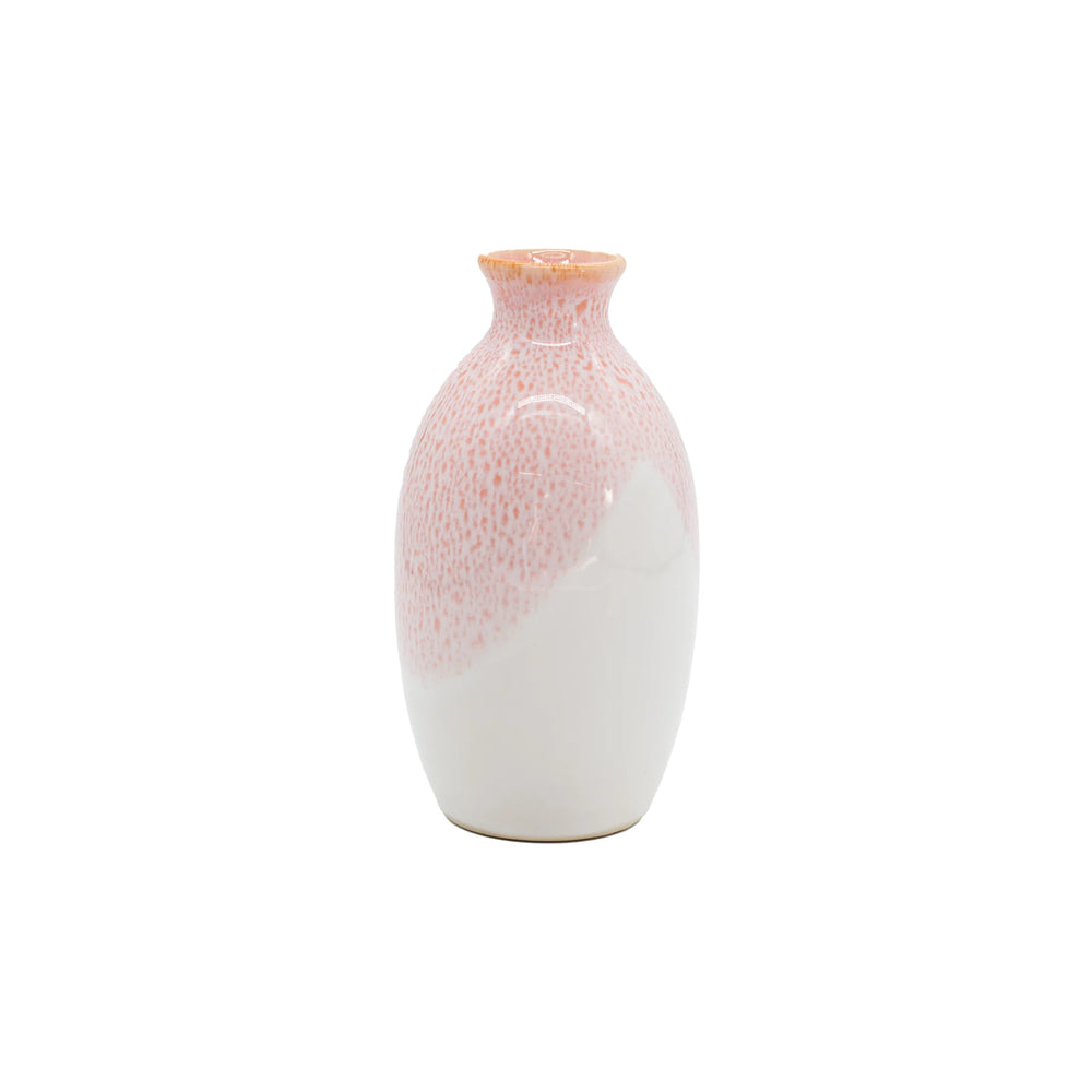 The Sake Carafe - White & Pink is a small ceramic vase with a rounded body, white base, and pink speckled upper section, reminiscent of delicate Japanese sake carafes. Displayed against a plain white background.