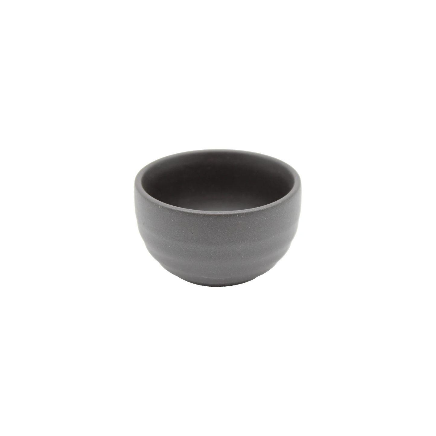 A small, round Sake Cup - Black Bizen ceramic bowl with a dark gray finish is displayed on a plain white background.