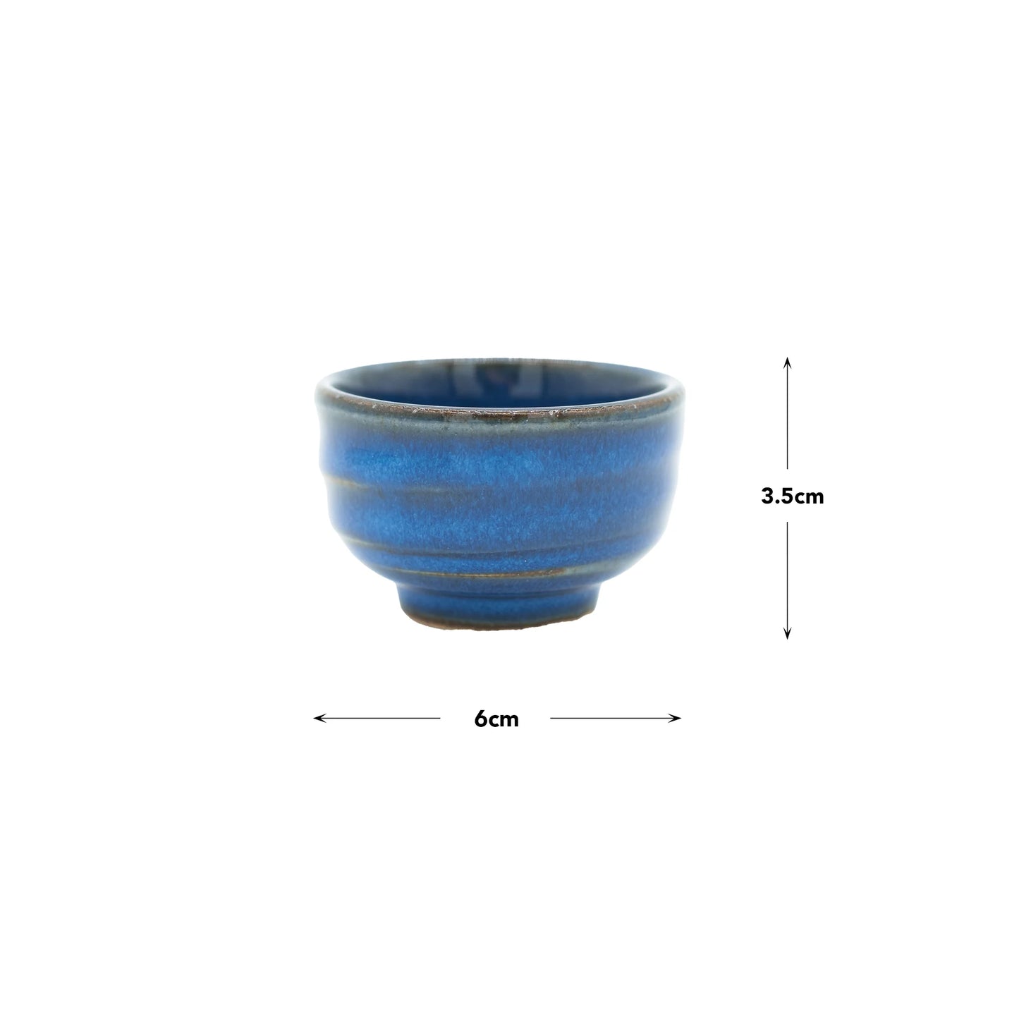 The Sake Cup - Bright Blue is a small Minoyaki porcelain bowl with a rounded shape, bright blue glaze, and measures 6 cm in diameter by 3.5 cm in height, shown against a white background.