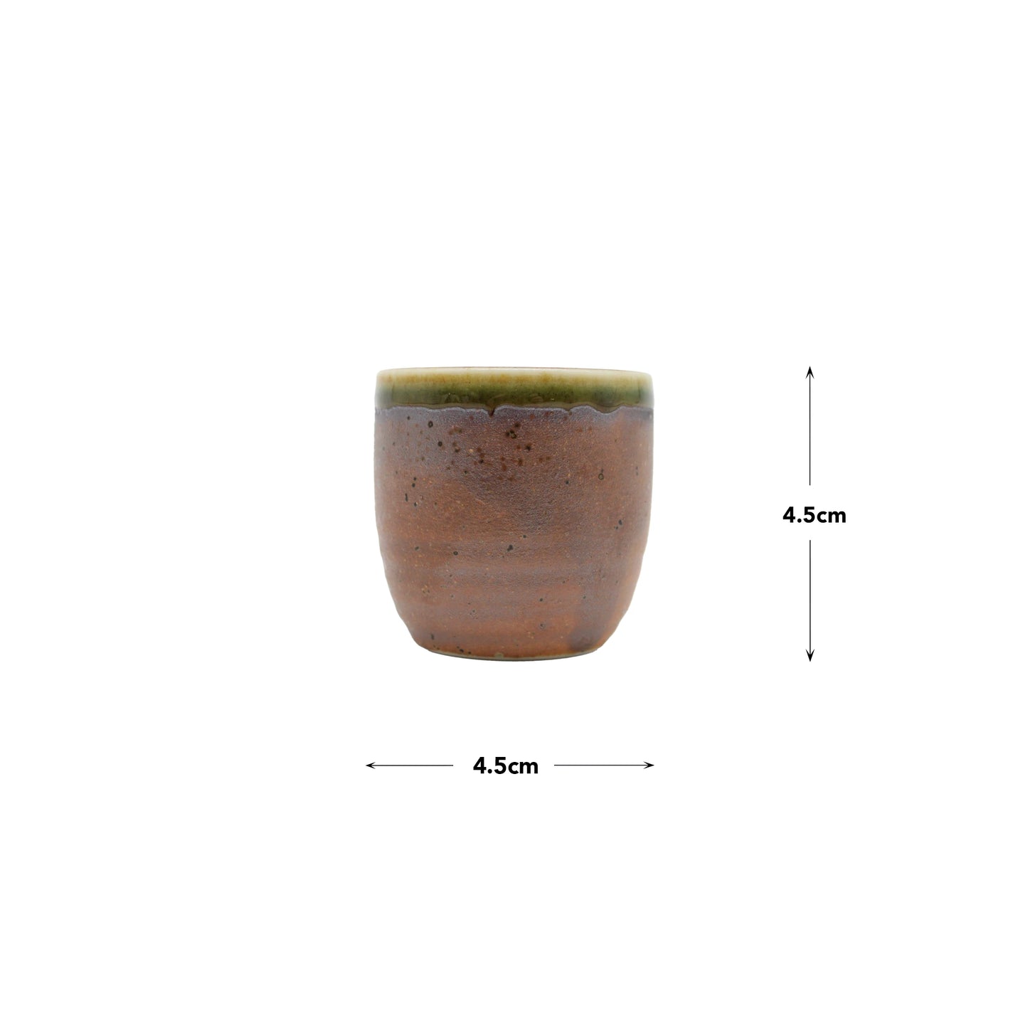 The Sake Cup - Dakuryuu is a small handmade Japanese pottery cup with a brown body, green rim, and labeled dimensions: 4.5 cm high and 4.5 cm diameter.