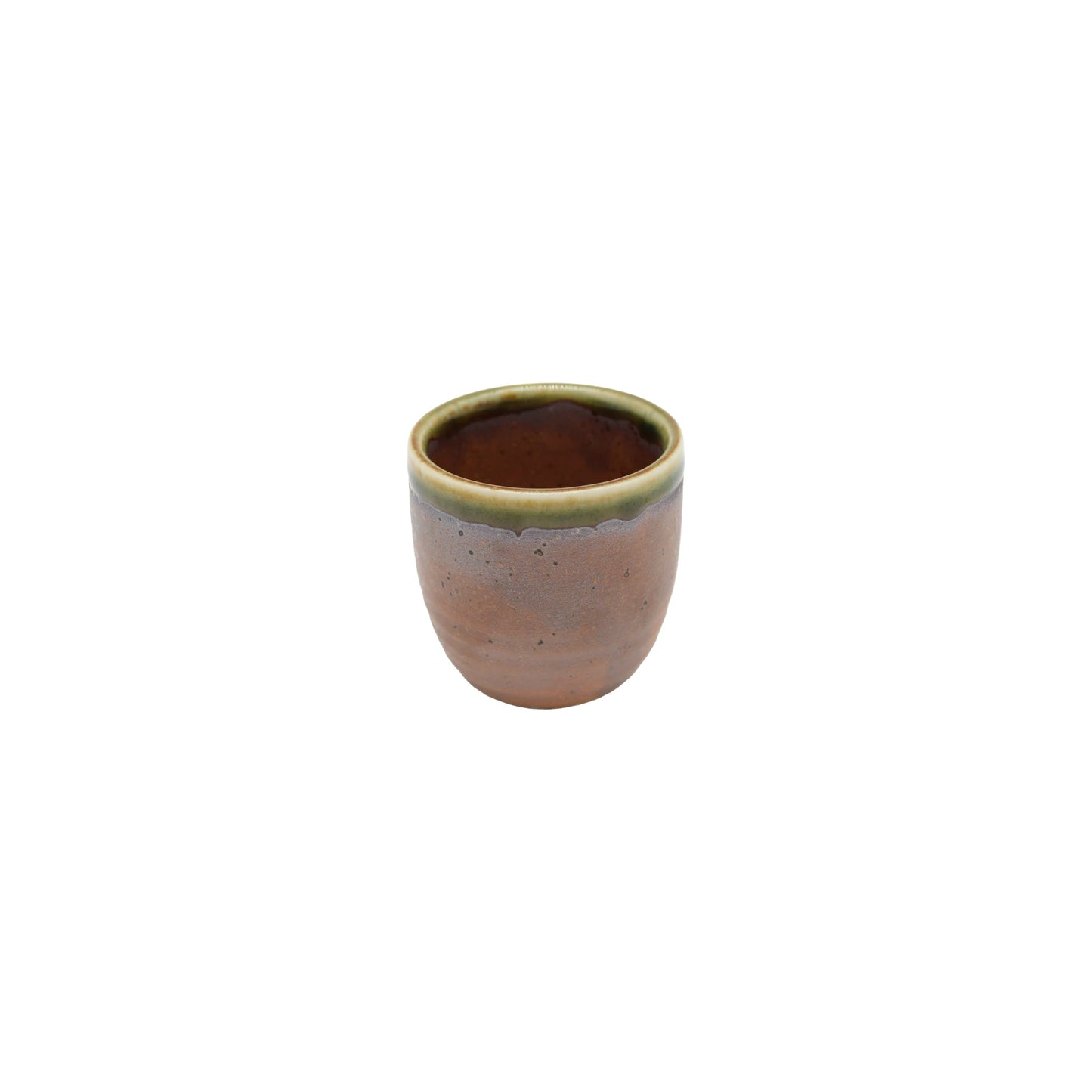 The Sake Cup - Dakuryuu is a small handmade pottery cup with a rounded shape, brown body, and greenish rim inspired by Japanese sake cup designs, shown on a white background.