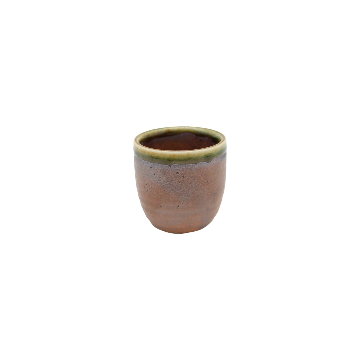 The "Sake Cup - Dakuryuu" is a small handmade pottery cup featuring a brown body and green glazed rim, shown on a white background.