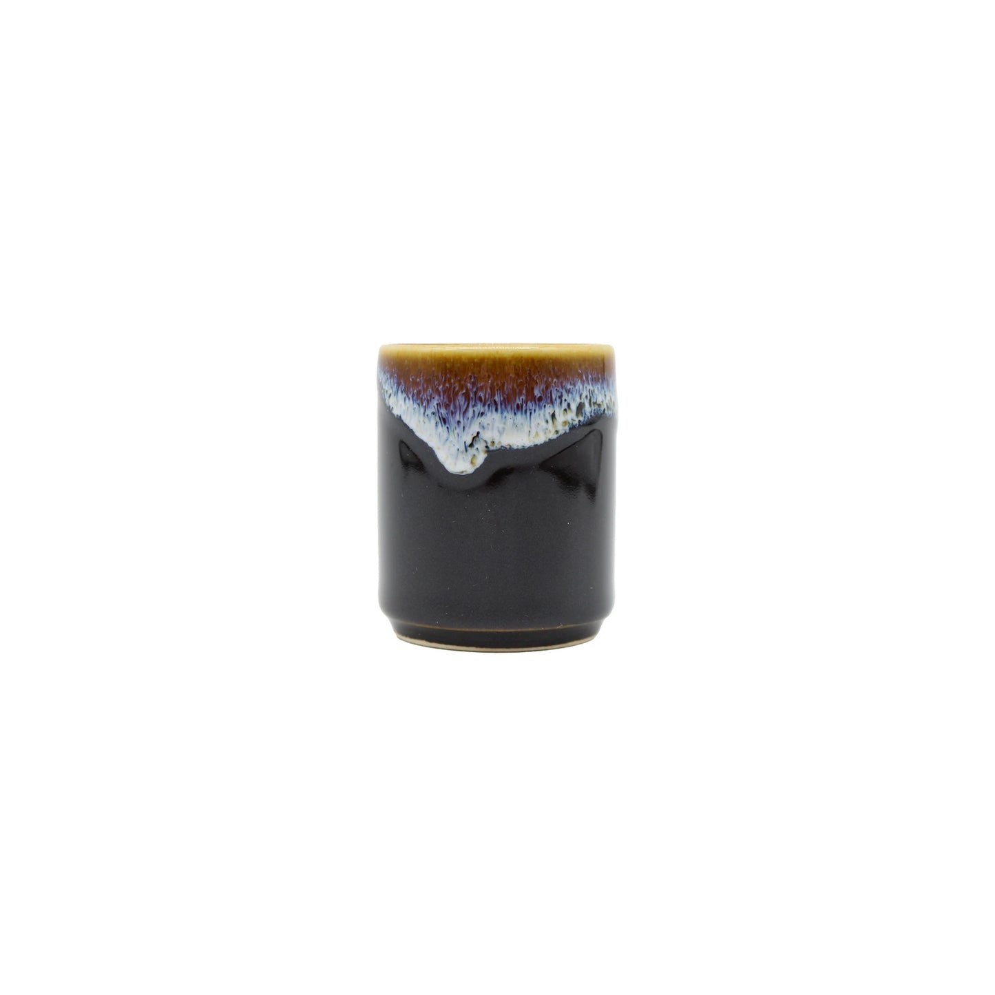 
                  
                    The Sake Cup - Brown with Blue Drip is a small Minoyaki porcelain sake cup featuring a glossy dark base and a brown-and-blue gradient glaze around the rim, shown on a white background.
                  
                