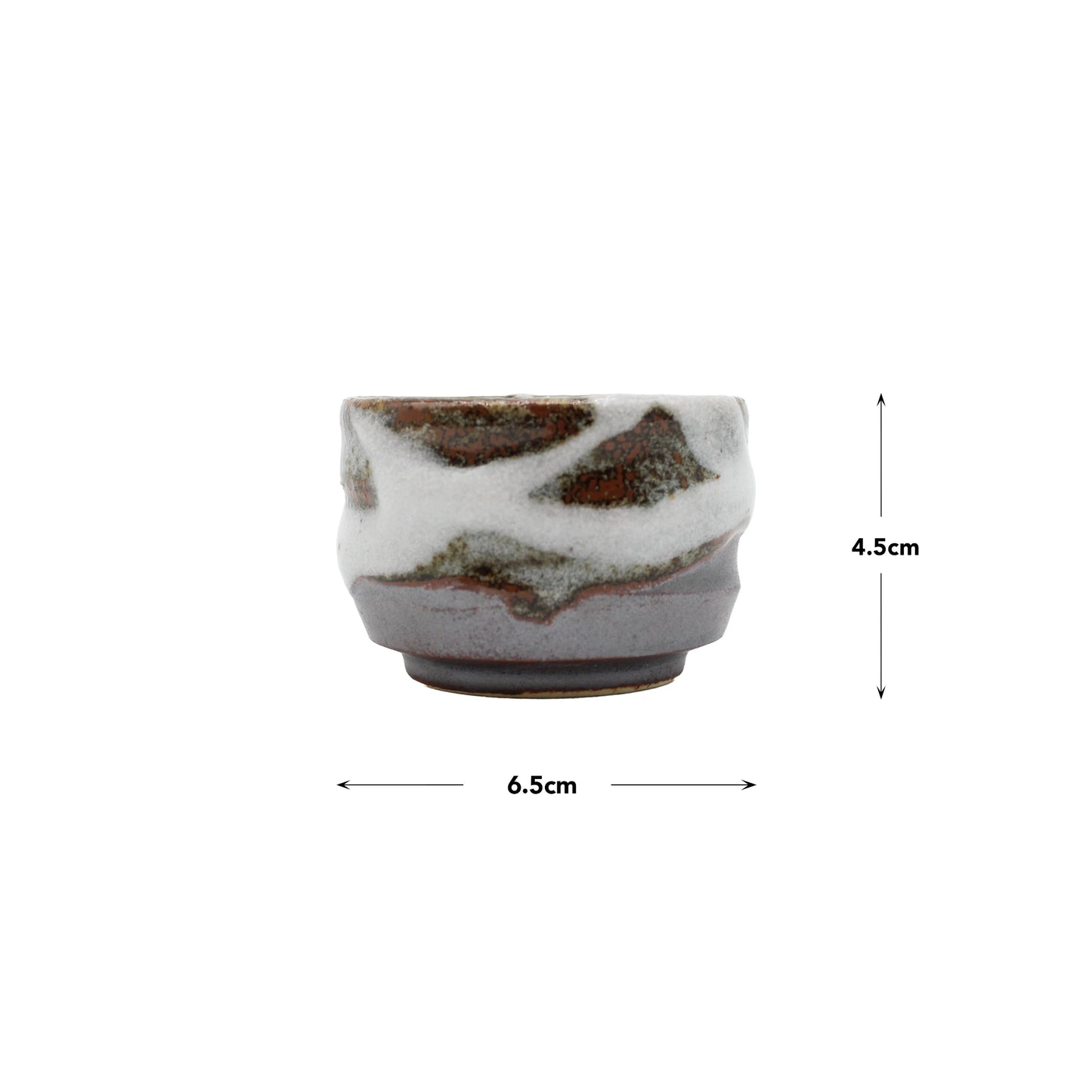 
                  
                    Sake Cup - Earth & Cloud: A small handcrafted ceramic cup featuring a textured white and brown glaze. This Japanese sake cup measures 6.5 cm in width and 4.5 cm in height, as indicated with measurement arrows.
                  
                