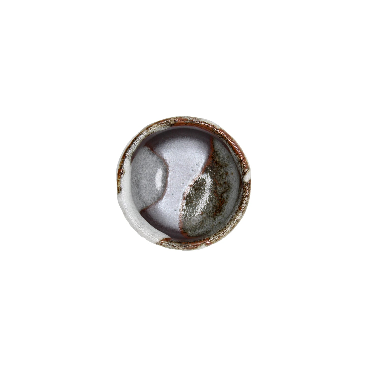 
                  
                    The Sake Cup - Earth & Cloud is a small Minoyaki porcelain bowl featuring a glossy, marbled glaze in shades of brown, gray, and white, shown from above against a white background.
                  
                