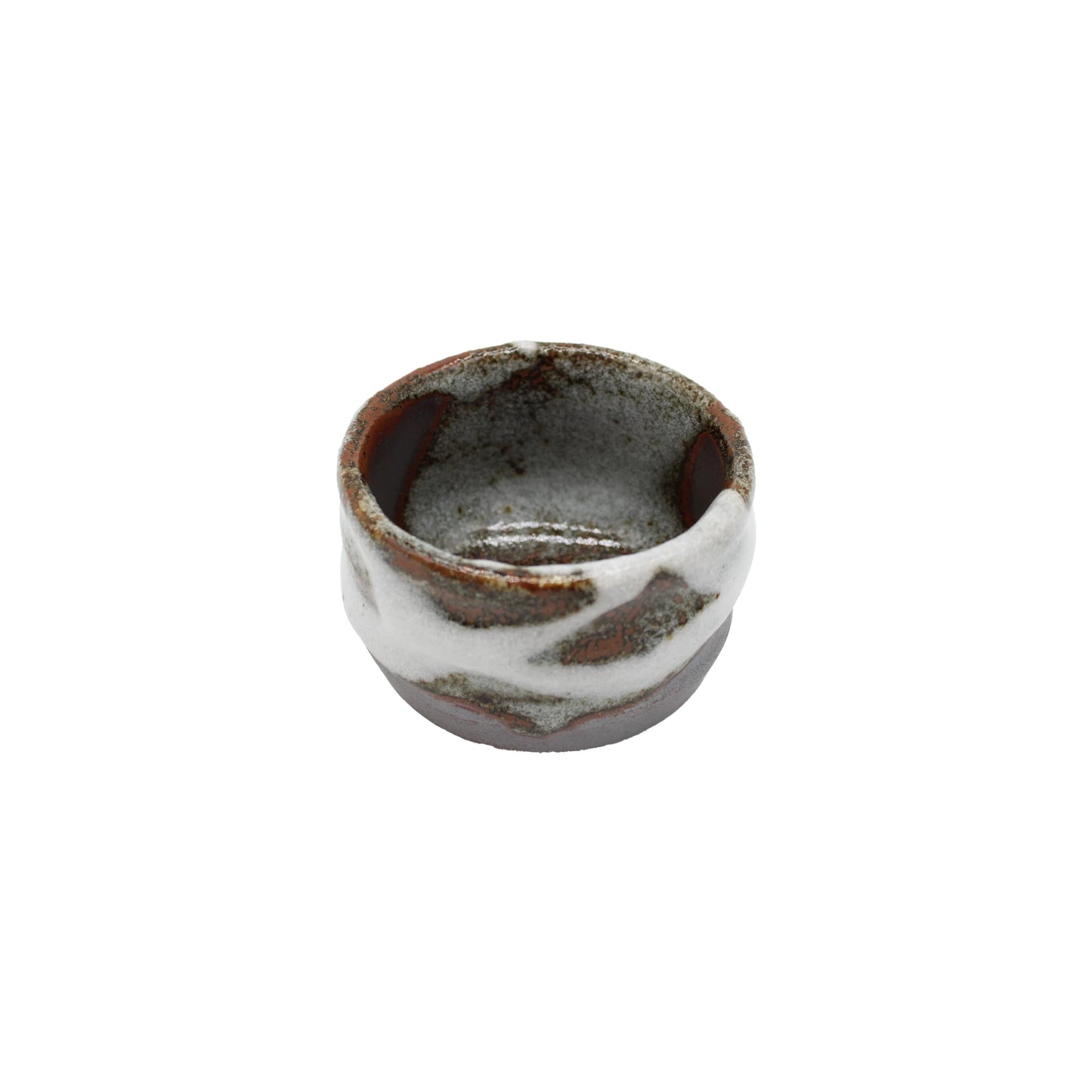 
                  
                    The Sake Cup - Earth & Cloud is a small handcrafted ceramic cup featuring a rough, dark brown base and an irregular white glaze that drips elegantly around the sides, shown against a plain white background.
                  
                