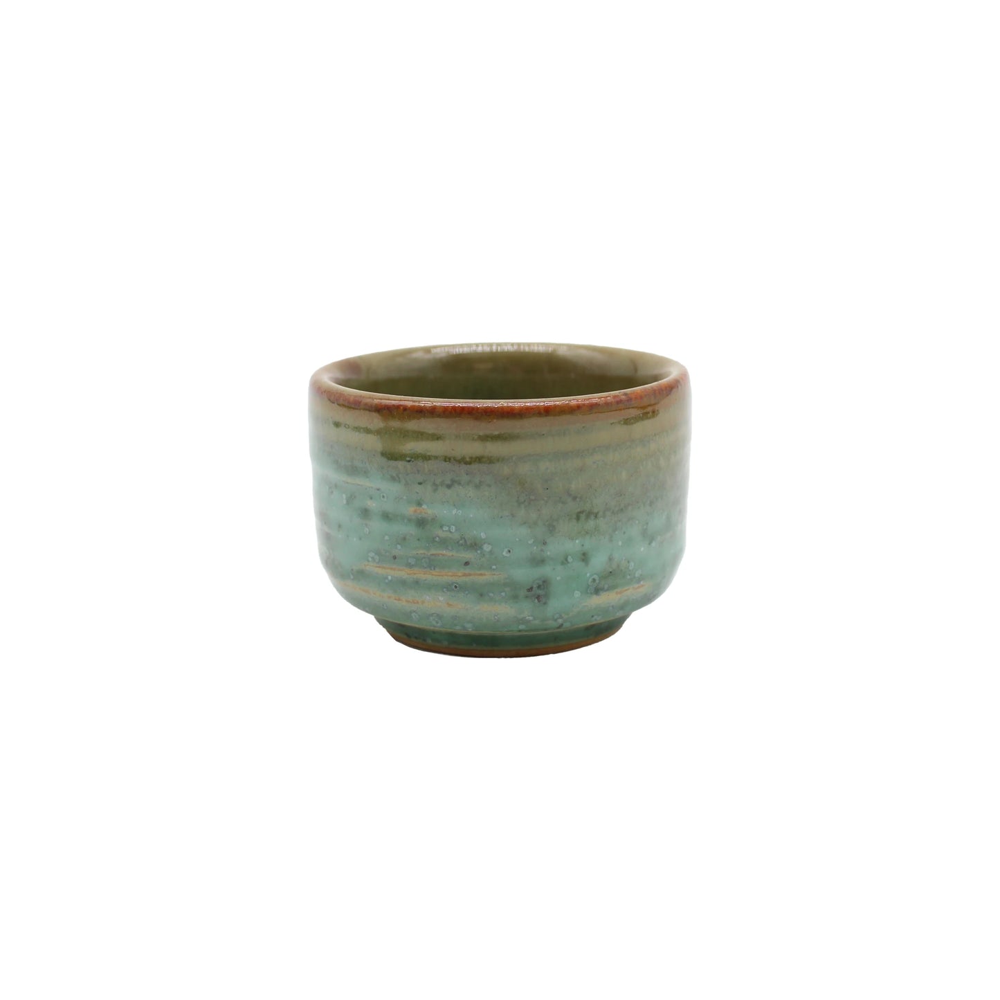 
                  
                    The Sake Cup - Moss Green is a small Japanese ceramic cup featuring a glossy blue-green and moss green glaze with a reddish rim, displayed against a white background.
                  
                