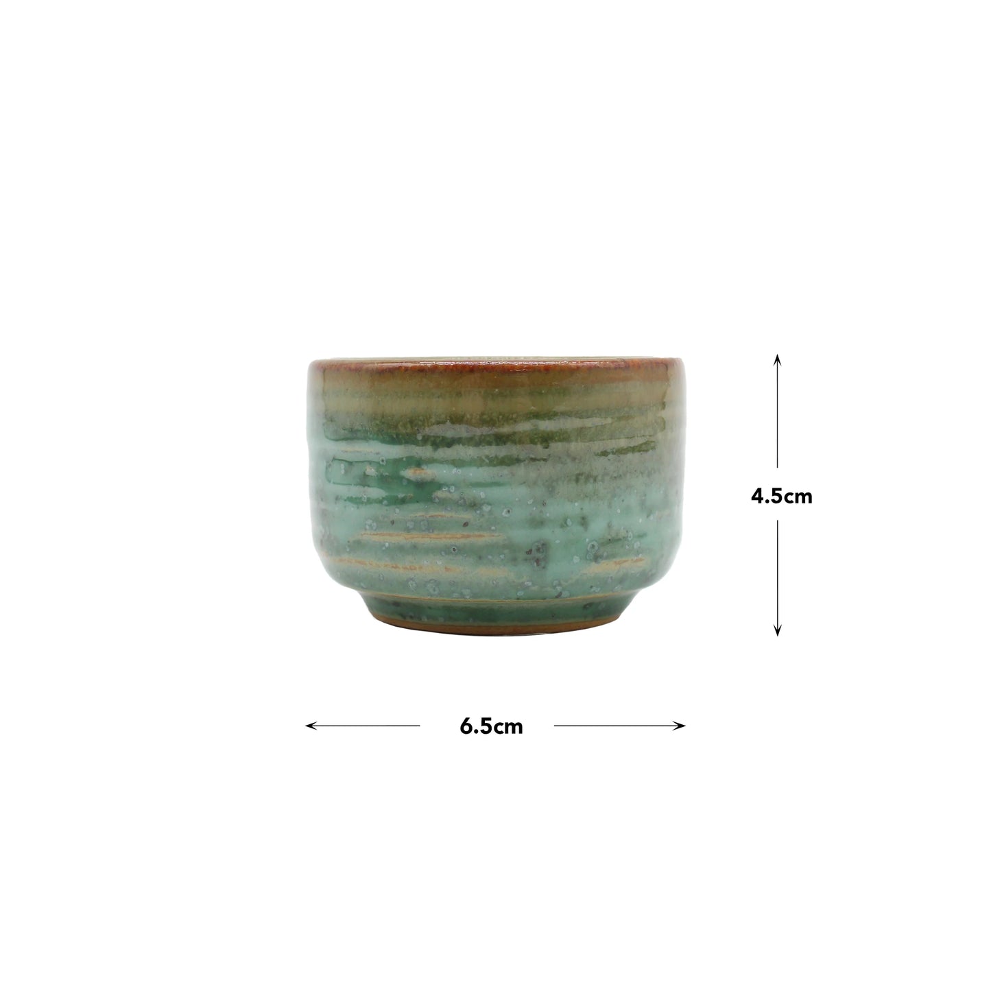 
                  
                    The Sake Cup - Moss Green is a small Japanese ceramic cup featuring a moss green glaze with brown accents, measuring 6.5 cm wide by 4.5 cm tall; black arrows show the dimensions.
                  
                