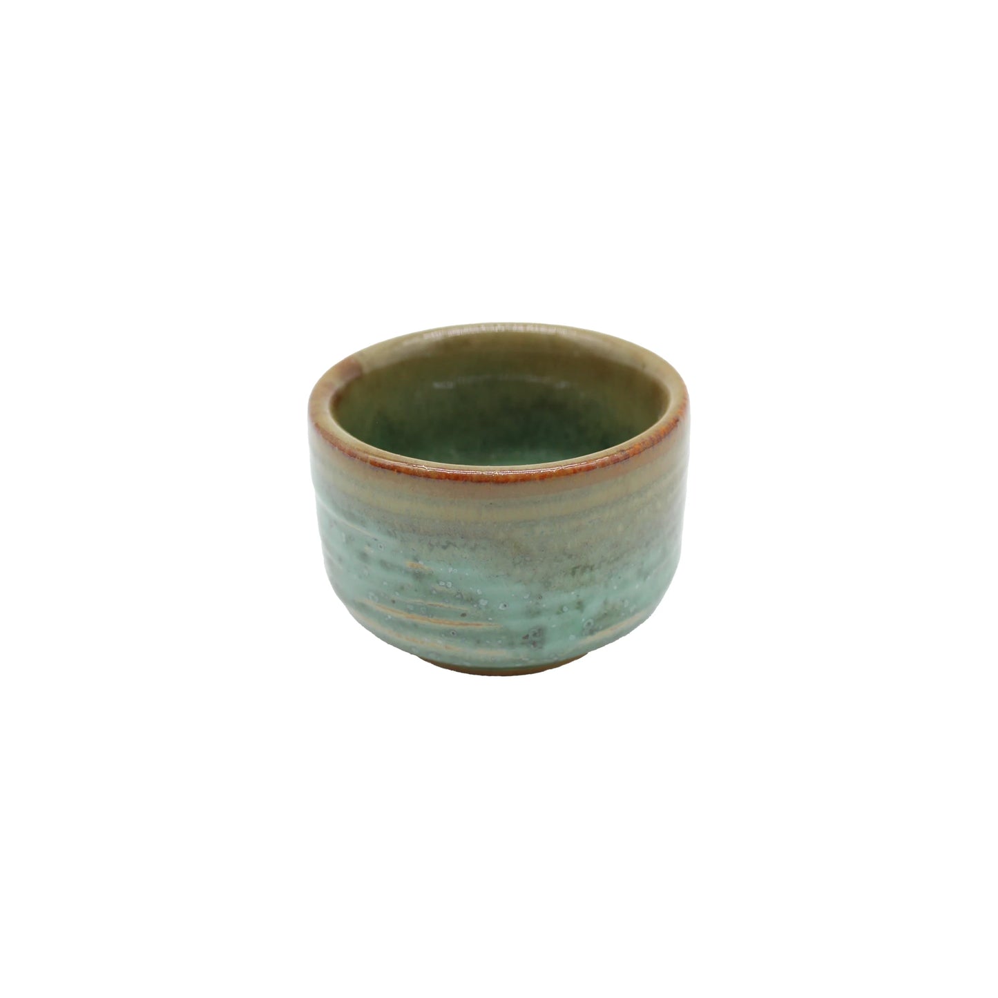 
                  
                    The Sake Cup - Moss Green is a small, round Japanese ceramic cup featuring turquoise, moss green, and brown glaze, displayed on a plain white background.
                  
                