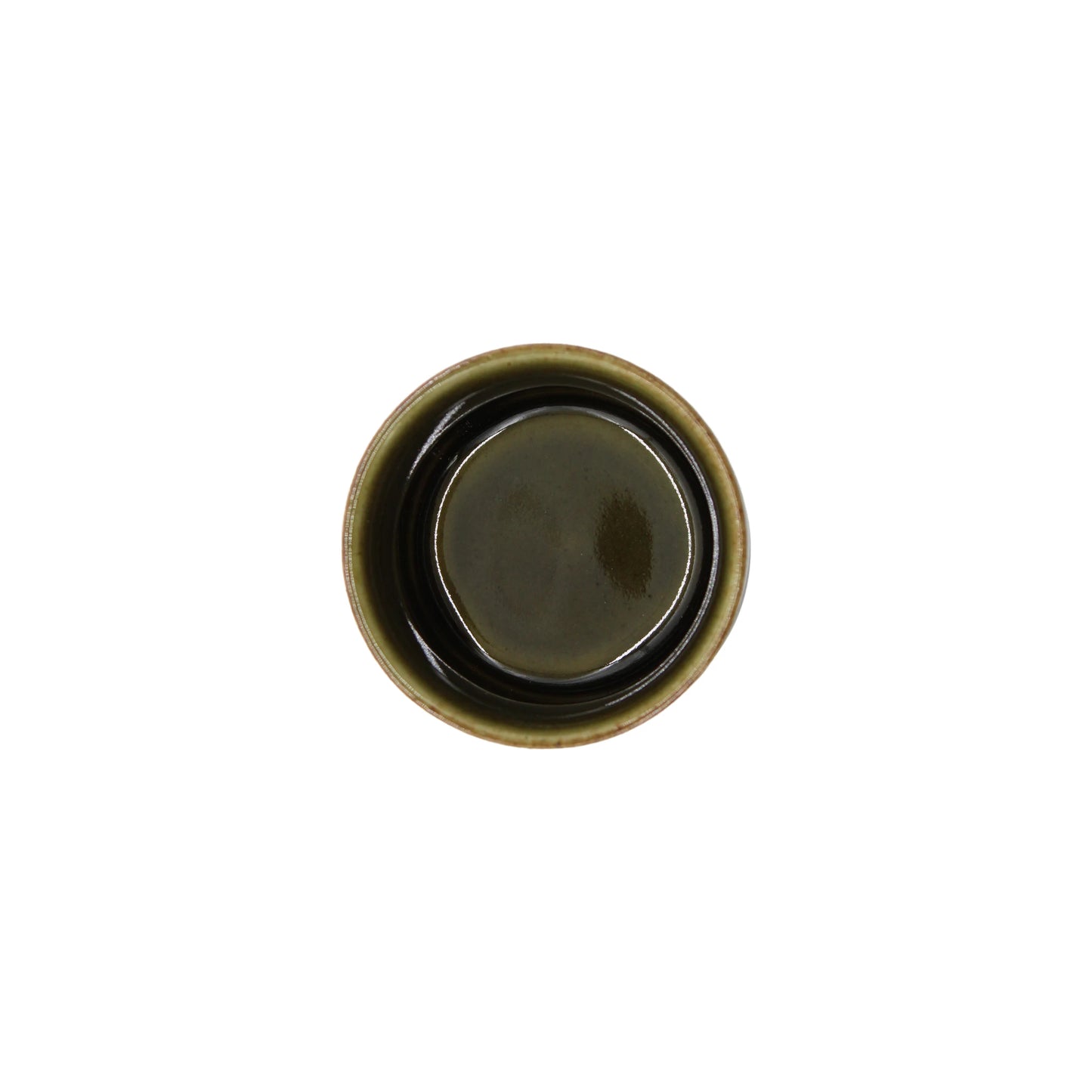 The Sake Cup - Oribe Green is a small, round Minoyaki porcelain cup in classic o-choko style, filled with dark liquid and viewed from above on a white background.