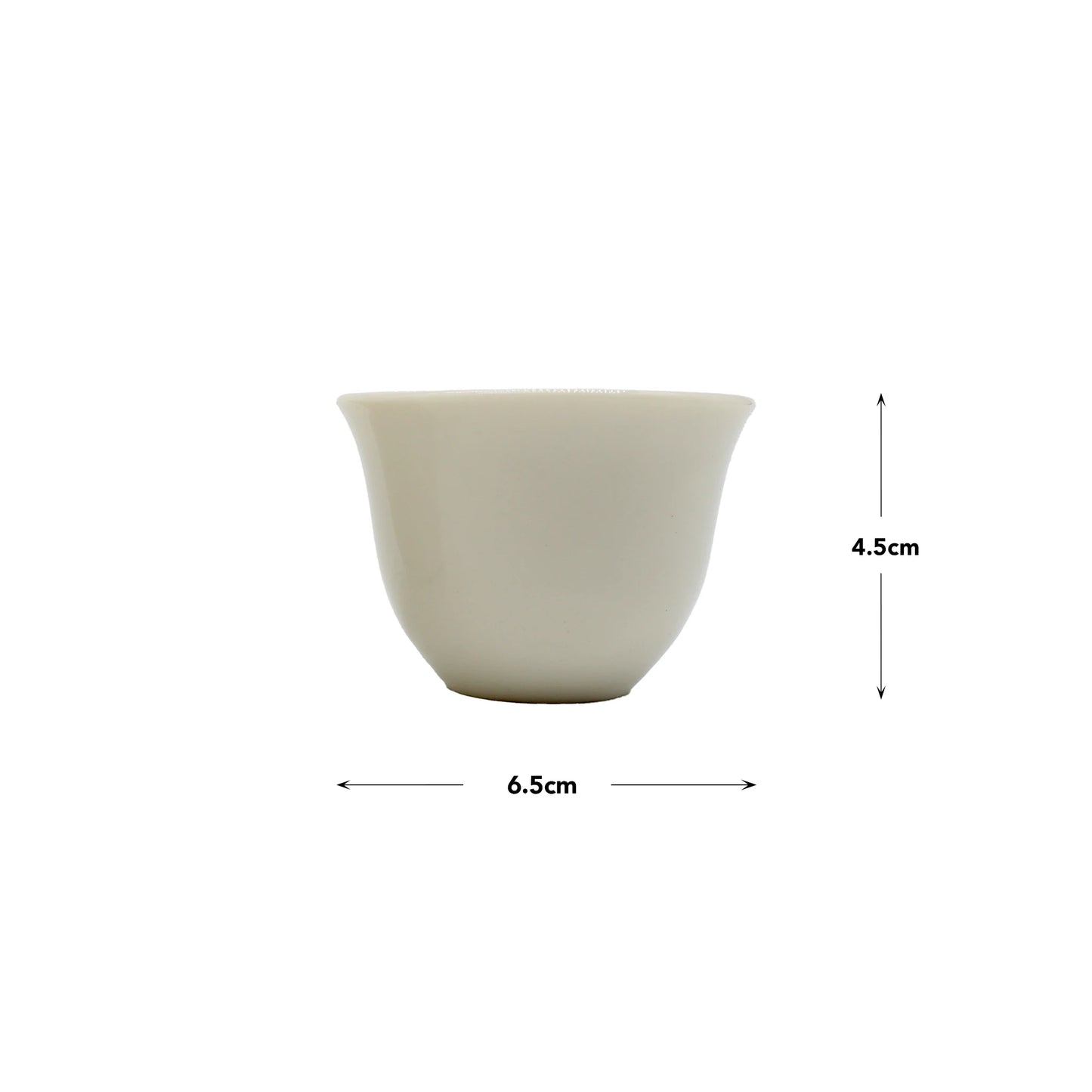 
                  
                    The Sake Cup Boxed Set - Rabbit Design features a small, white cup with a gently curved shape, measuring 4.5 cm in height and 6.5 cm in width, adorned with a subtle rabbit motif. Shown against a plain white background with labeled measurements, this cup is perfect for expanding your Japanese sake cup collection or including in an elegant gift set.
                  
                