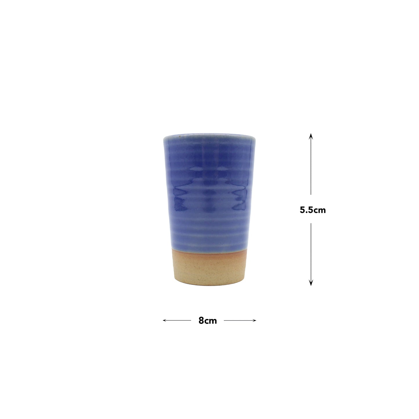 
                  
                    The Sake Cup - Tall Blue is a Japanese porcelain sake cup with a blue crackled glaze on the upper half, beige base, and labeled dimensions: 5.5 cm tall, 8 cm wide.
                  
                