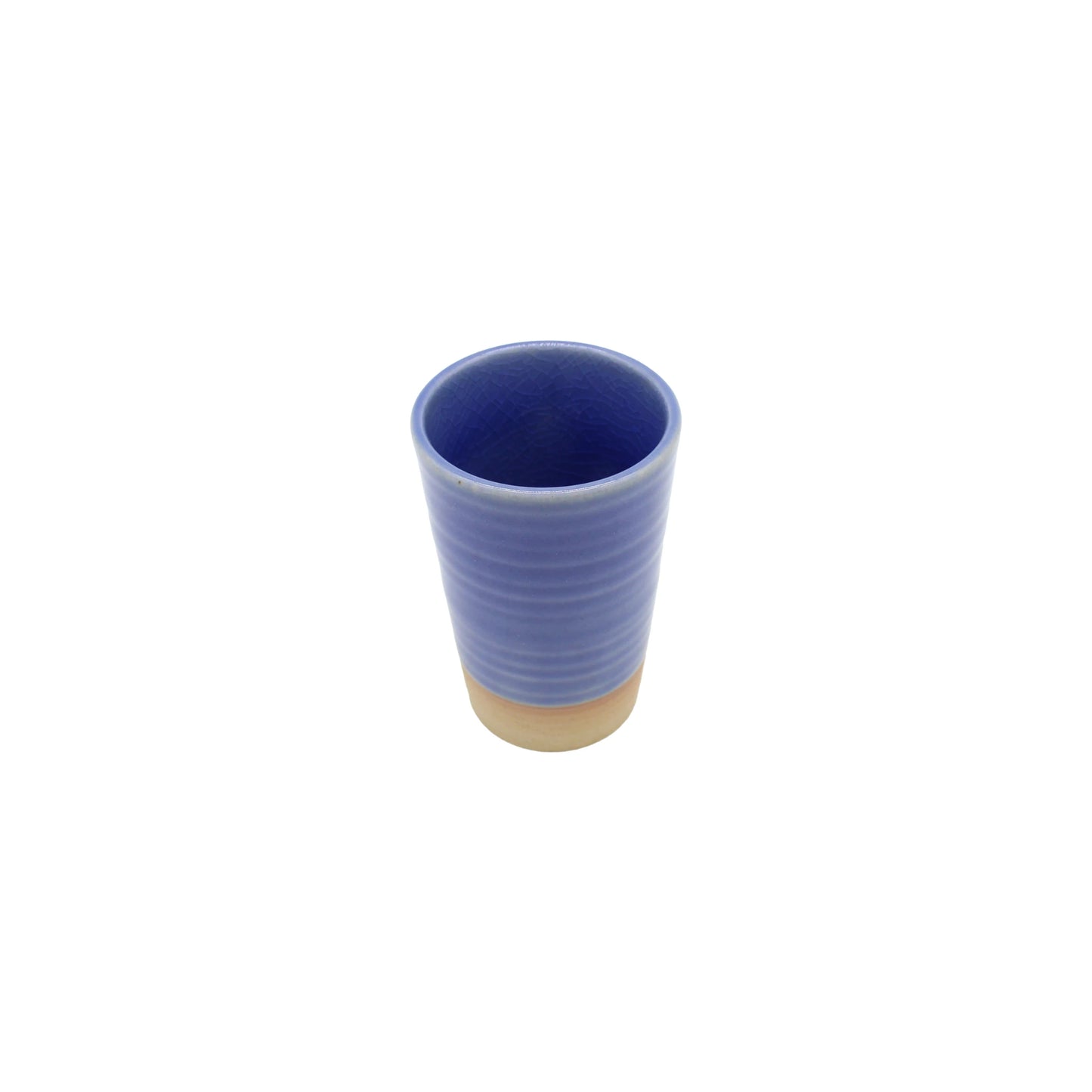 Sake Cup - Tall Blue features a blue crackled glaze on the upper section and an unglazed beige base, displayed against a white background.