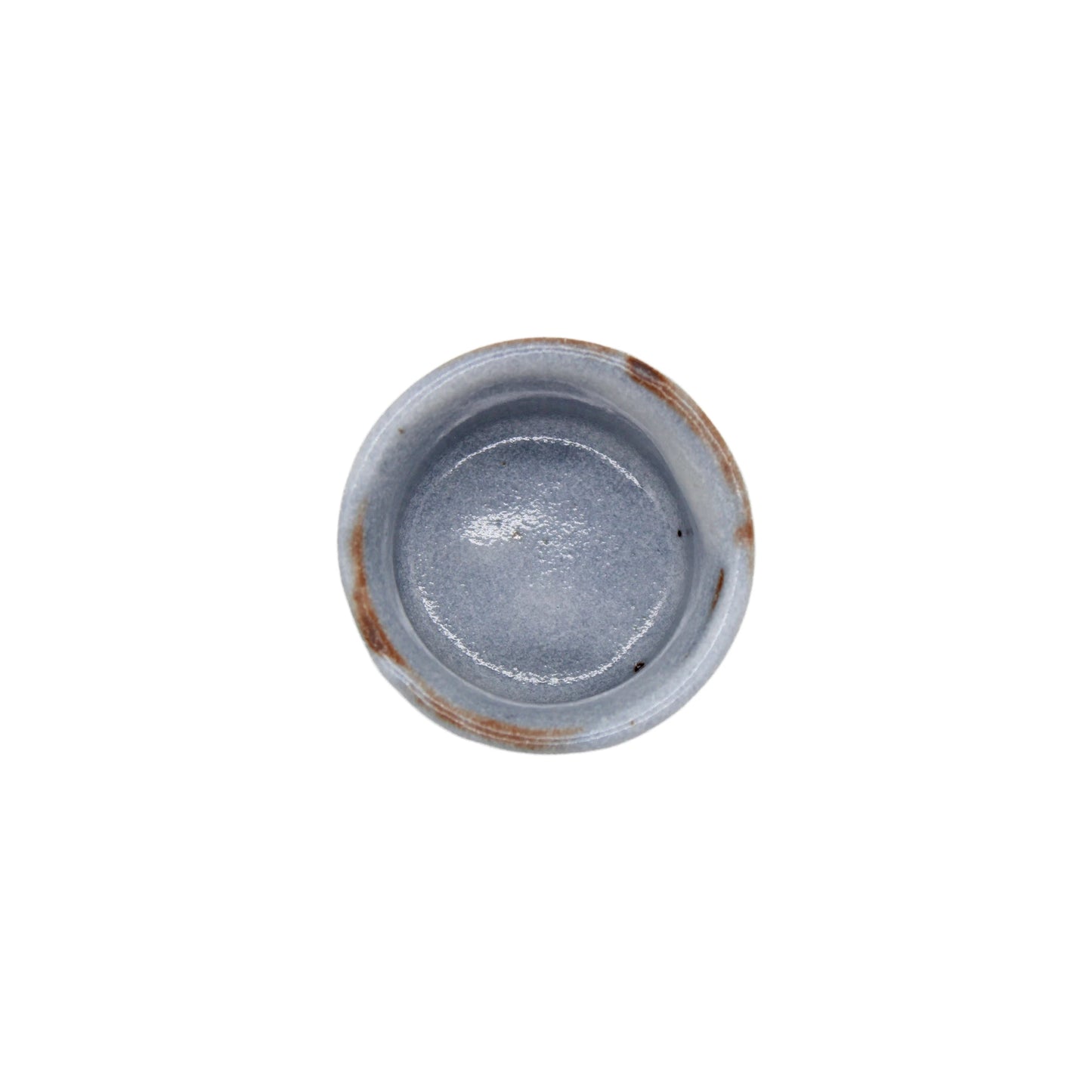 A small, round, gray Minoyaki Sake Cup - White Cloud viewed from above, featuring a smooth porcelain interior and subtle brown accents on the rim that showcase Japanese craftsmanship.