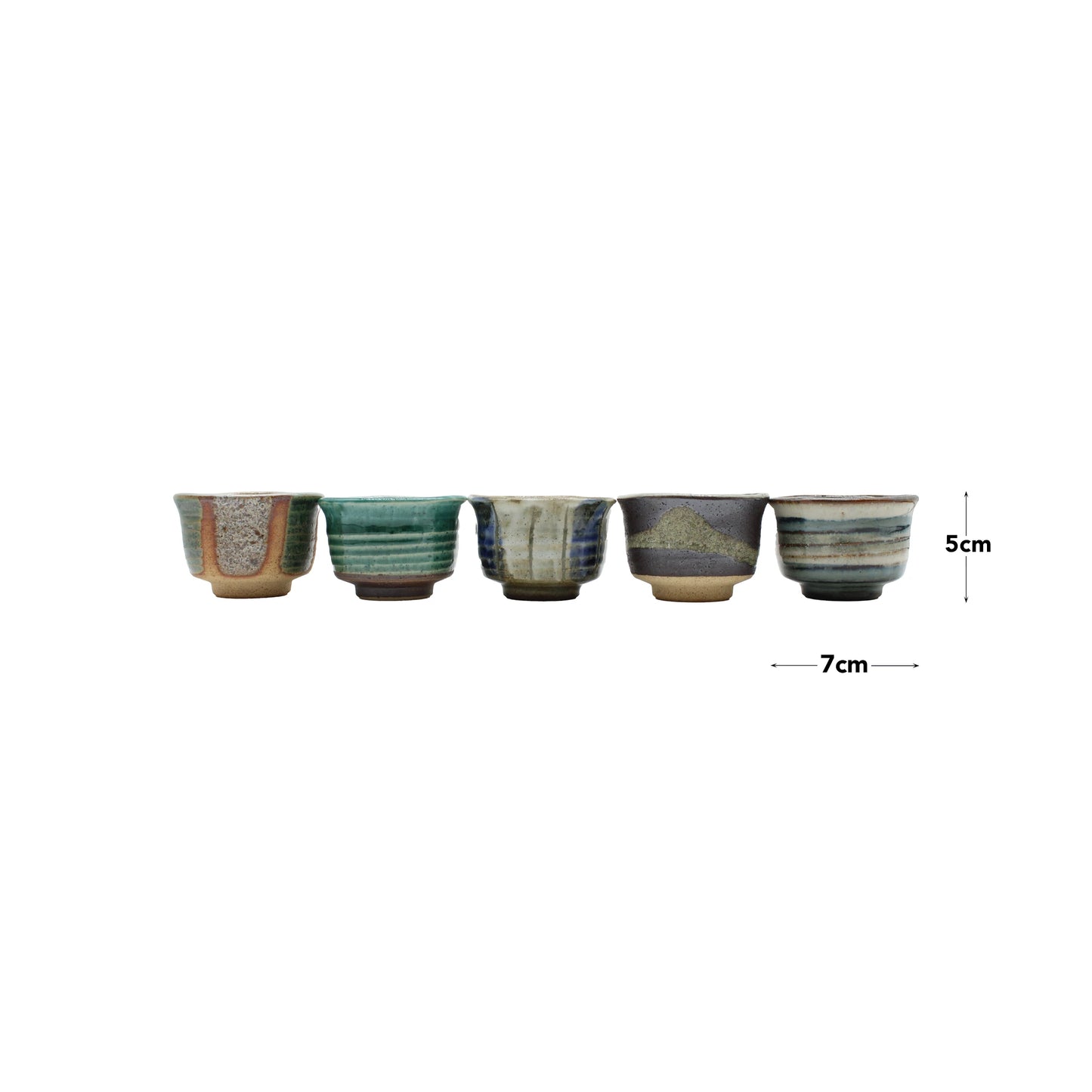 
                  
                    The Ochoko Sake Cups - Set of 5 features five cups in assorted green and brown glazes, each about 5 cm tall and 7 cm wide. Crafted in the Japanese ceramic tradition, theyre perfect for serving Japanese rice wine.
                  
                