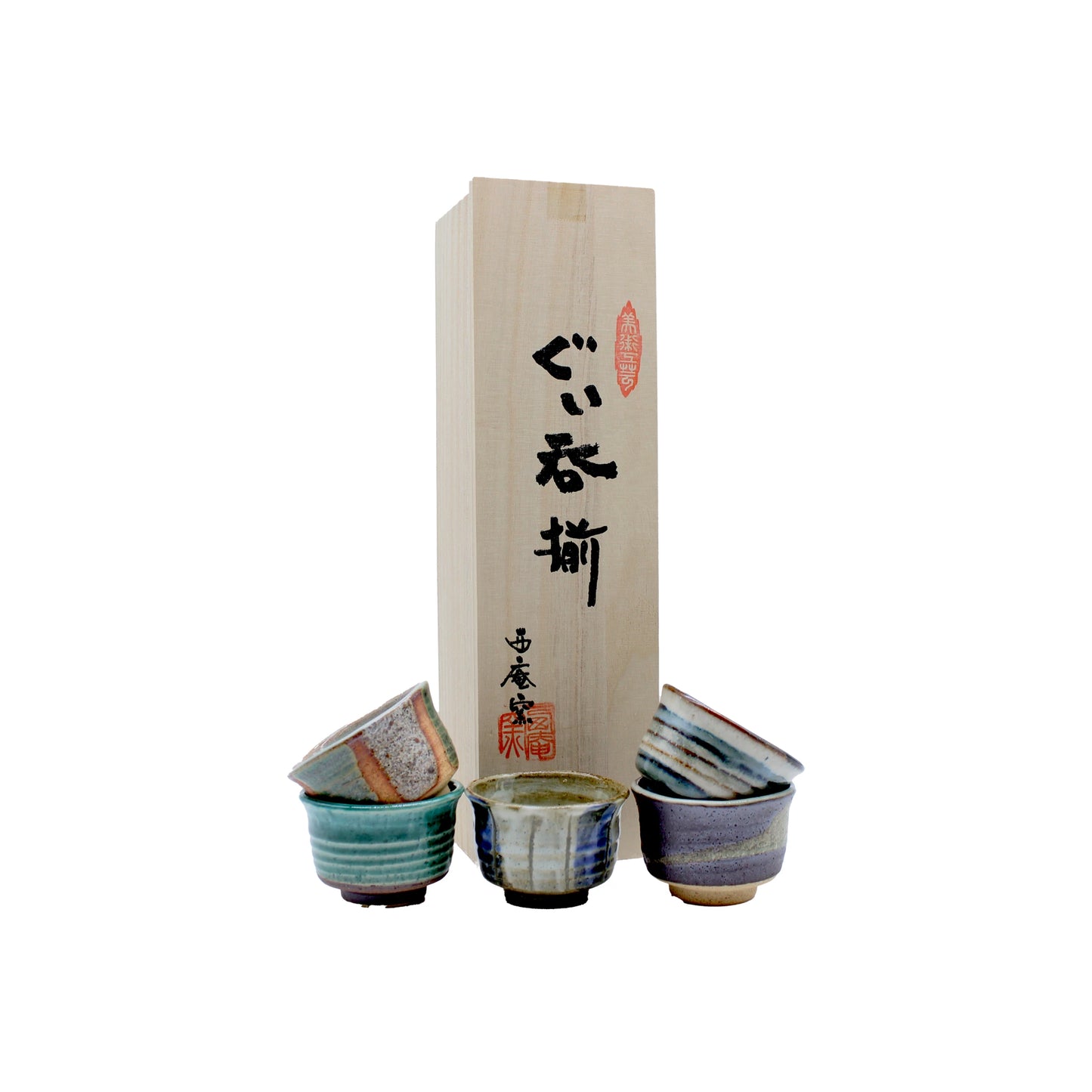 
                  
                    The Ochoko Sake Cups - Set of 5, crafted in the Japanese ceramic tradition, are displayed before a wooden box with Japanese calligraphy on a plain white background.
                  
                