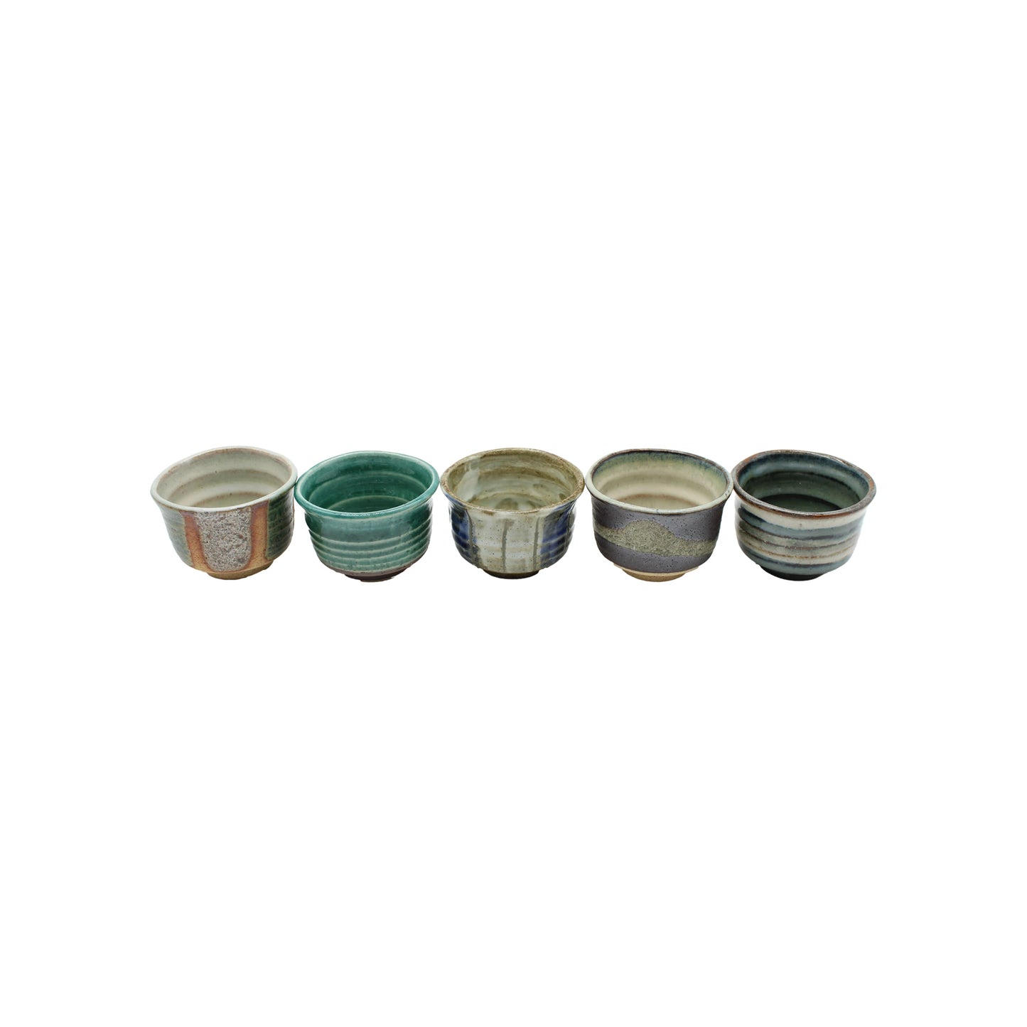 
                  
                    The Ochoko Sake Cups - Set of 5 are displayed in a row on a white background, each featuring unique colors and patterns that highlight Japanese ceramic artistry.
                  
                