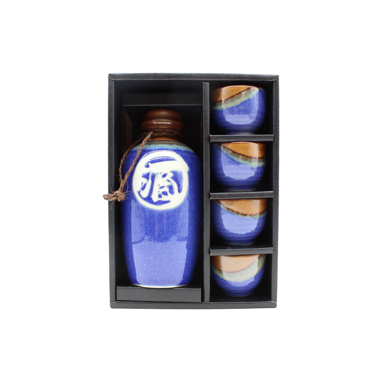 The Sake Gift Set for Four - Kamakura Blue & Brown includes a beautifully boxed blue ceramic sake bottle with a white design and three matching blue and brown cups.