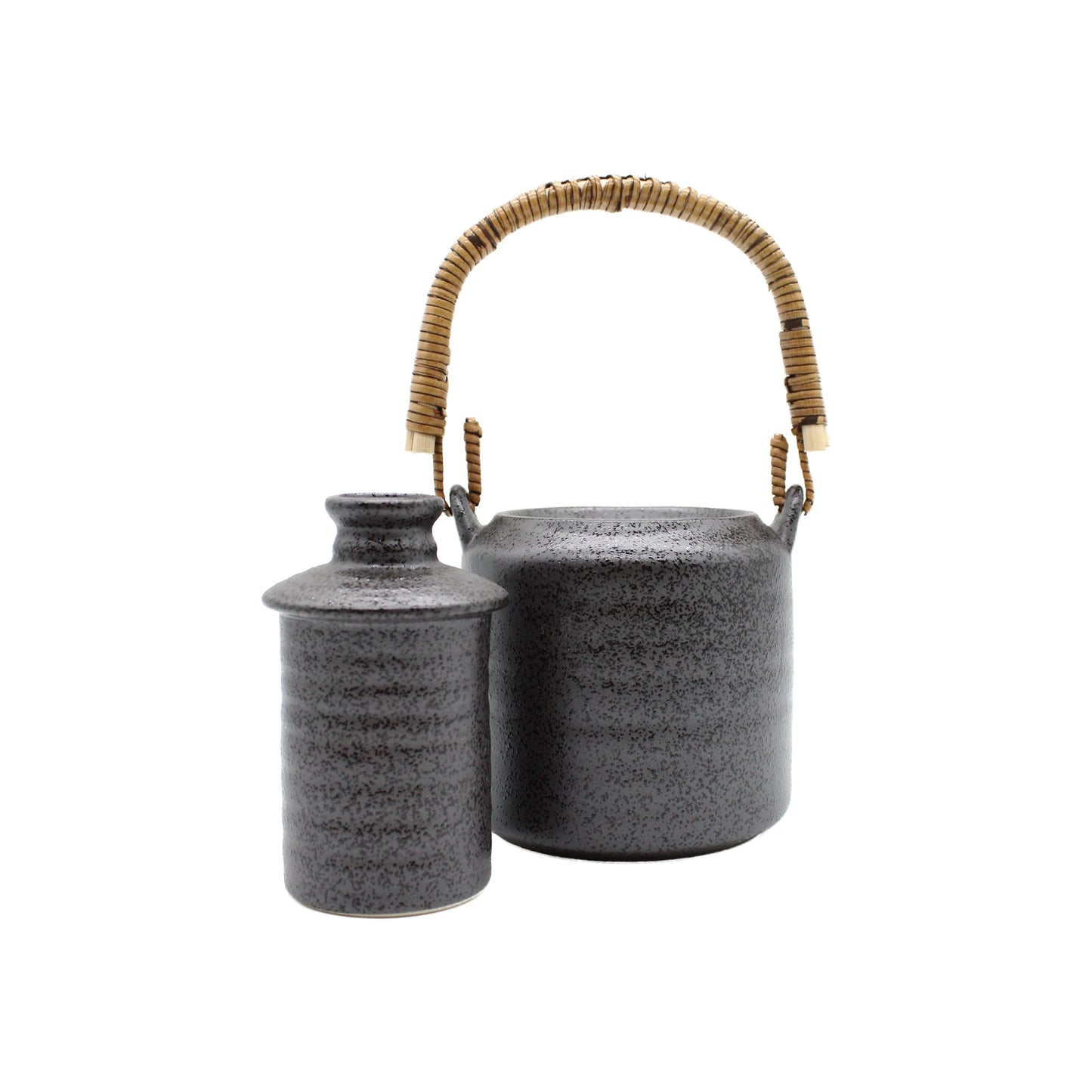 
                  
                    The Sake Heating or Chilling Pot with Ibushi handle, shown in speckled dark gray ceramic for superior temperature control, sits beside a matching jar on a white background.
                  
                