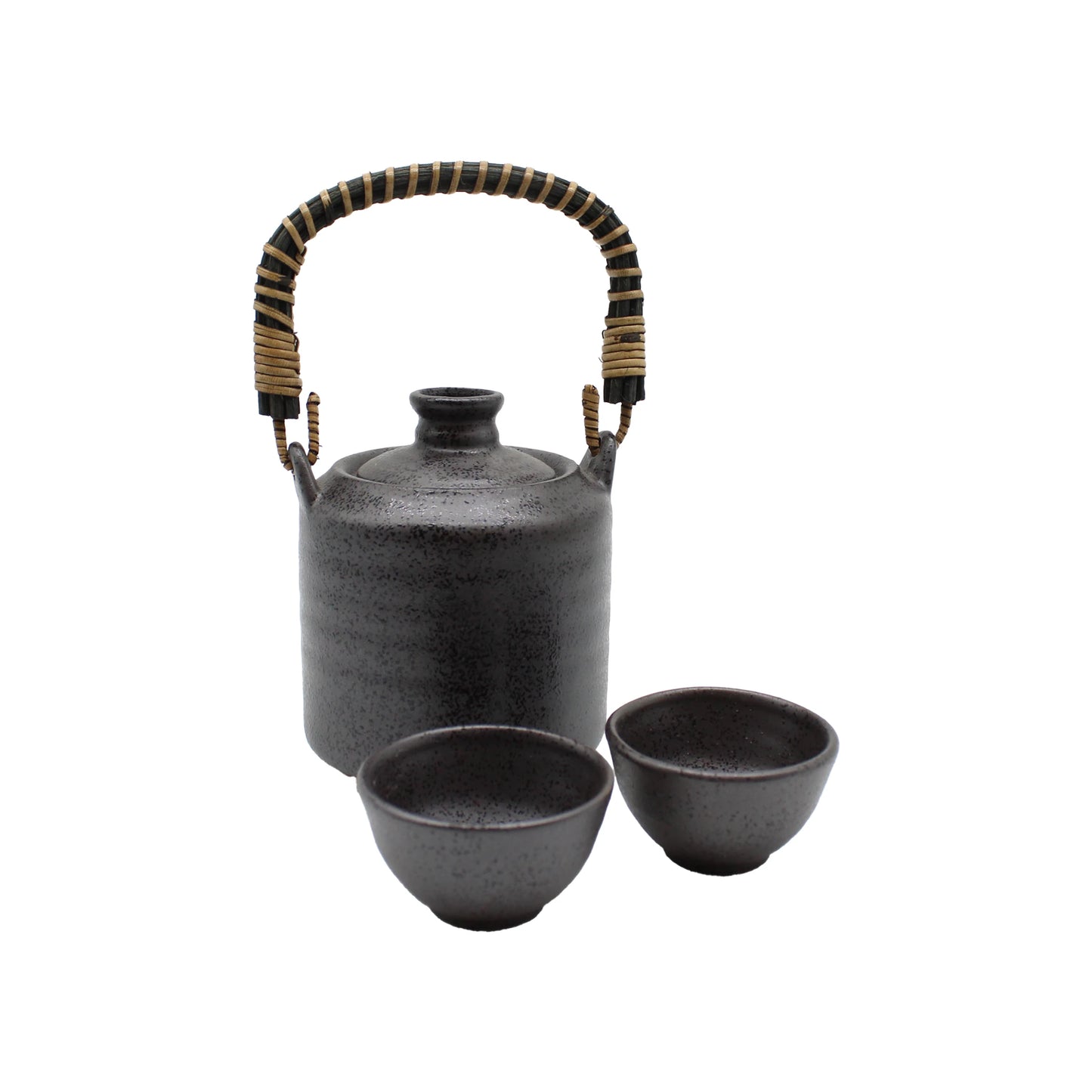 
                  
                    The Sake Heating or Chilling Pot With Ibushi Handle includes a black ceramic sake pot and two matching cups, elegantly displayed on a white background—ideal for gifting or displaying in a gift box.
                  
                