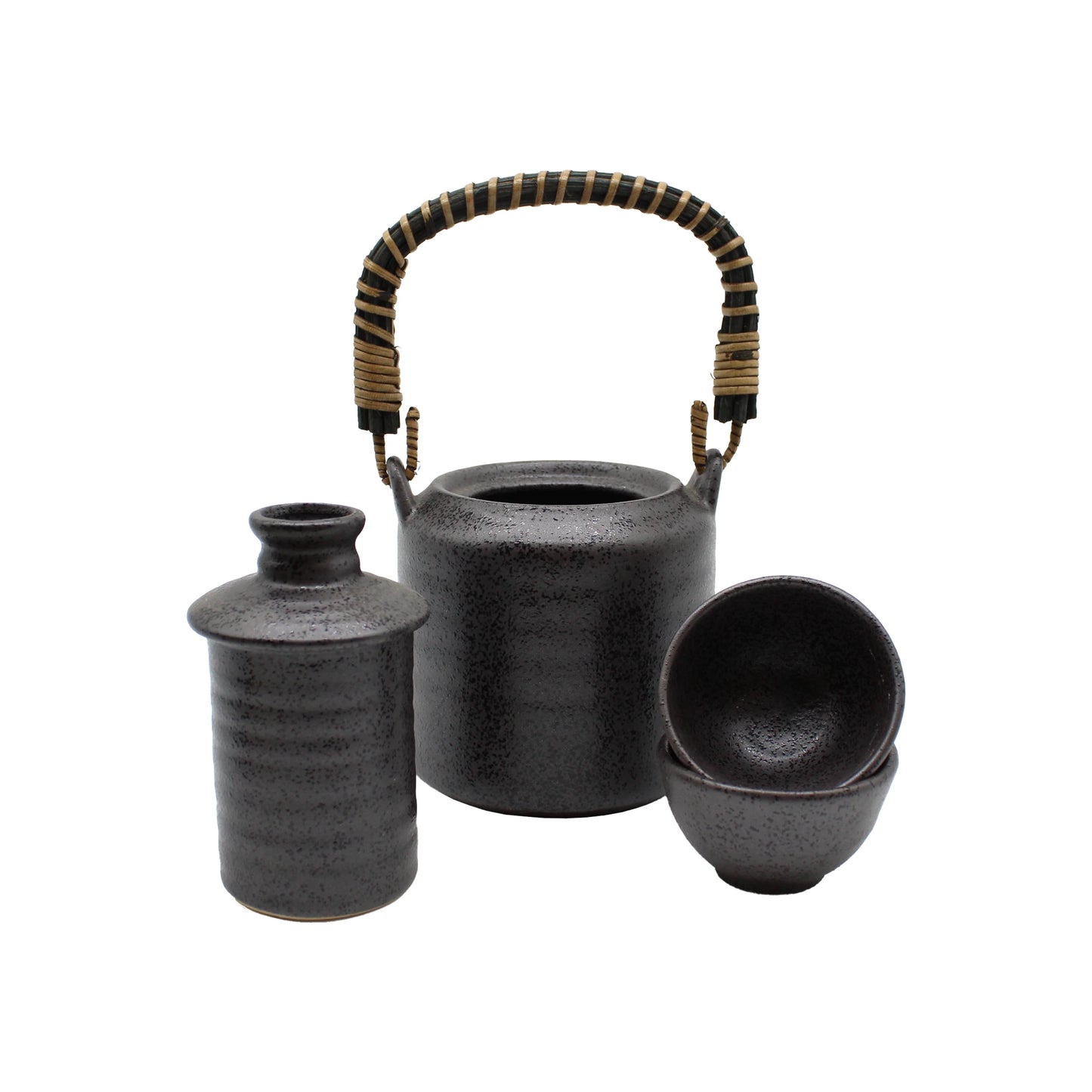 
                  
                    The Sake Heating or Chilling Pot With Ibushi Handle, paired with a matching bottle and two stacked cups, highlights Japanese craftsmanship and is elegantly displayed on a white background.
                  
                