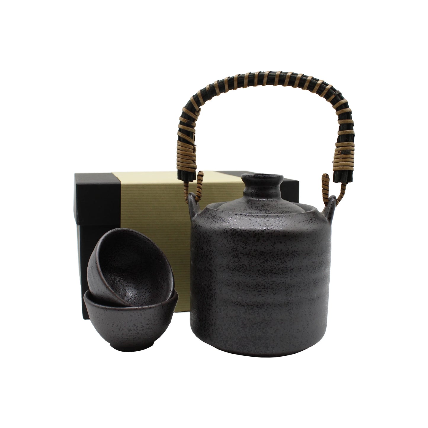 The Sake Heating or Chilling Pot With Ibushi Handle, inspired by Japanese design, features a black ceramic pot, woven handle, two matching cups, and comes gift boxed—all set against a white background.