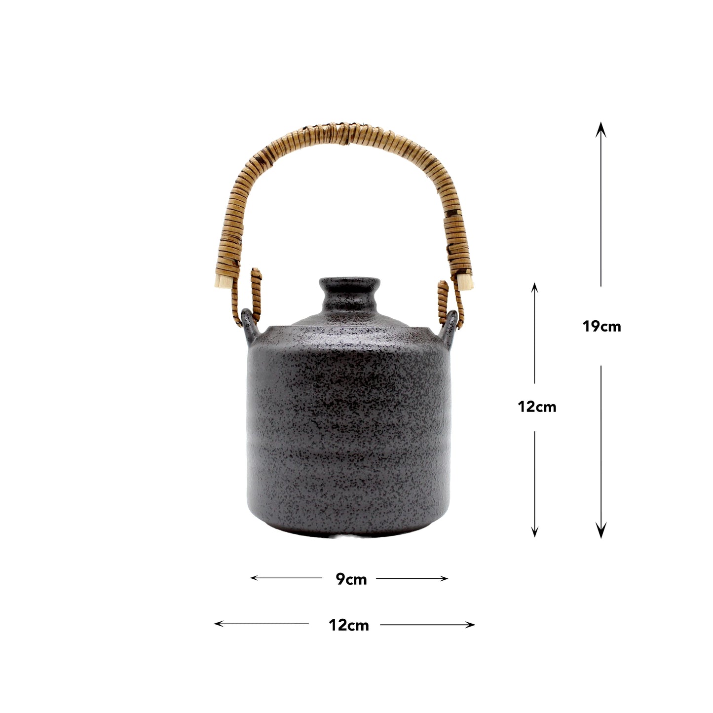 
                  
                    The Sake Heating or Chilling Pot With Ibushi Handle is a black ceramic pot with excellent temperature retention and a unique Ibushi handle. Shown on a white background, it measures 19cm tall, 12cm body height, 9cm top diameter, and 12cm base.
                  
                