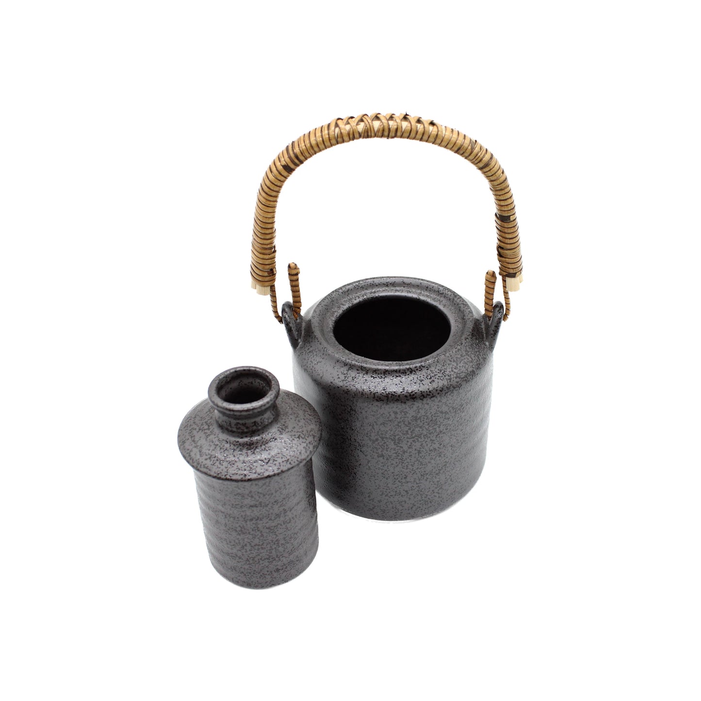 The Sake Heating or Chilling Pot With Ibushi Handle, crafted in black ceramic, sits beside a matching small jar against a white background.