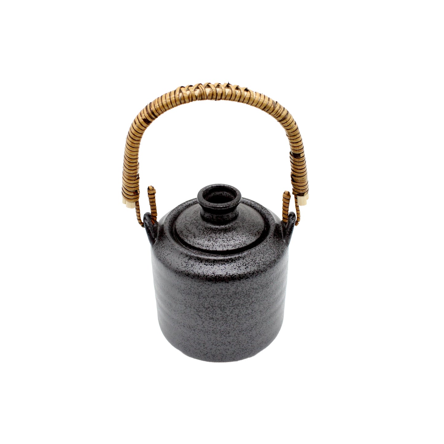 The Sake Heating or Chilling Pot With Ibushi Handle features a black ceramic round body, matching lid, and a woven-wrapped Ibushi handle for great heat retention, shown against a white background.