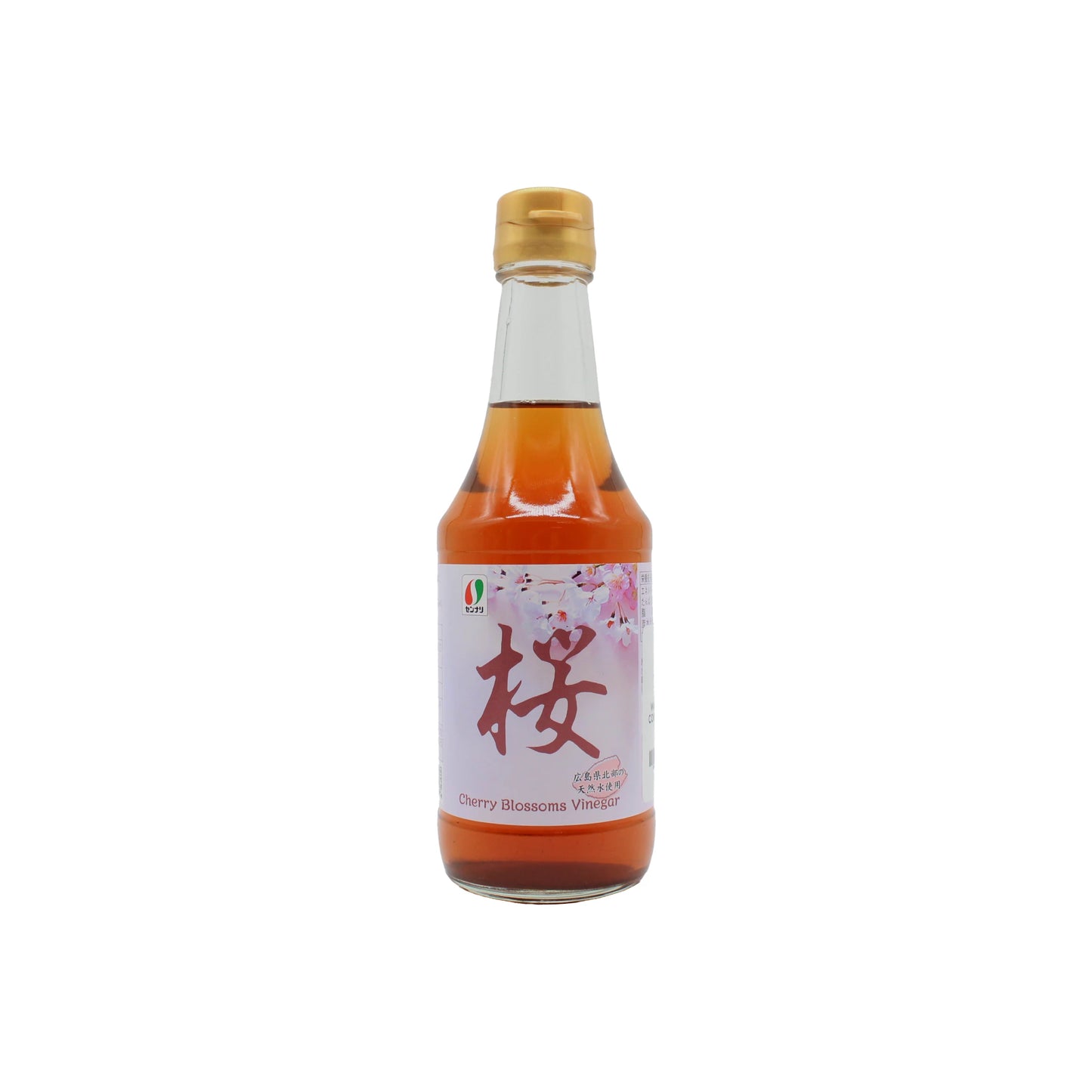 A 300ml glass bottle of Sakura Cherry Blossom Vinegar with a gold cap and a label adorned with pink cherry blossoms and Japanese text.