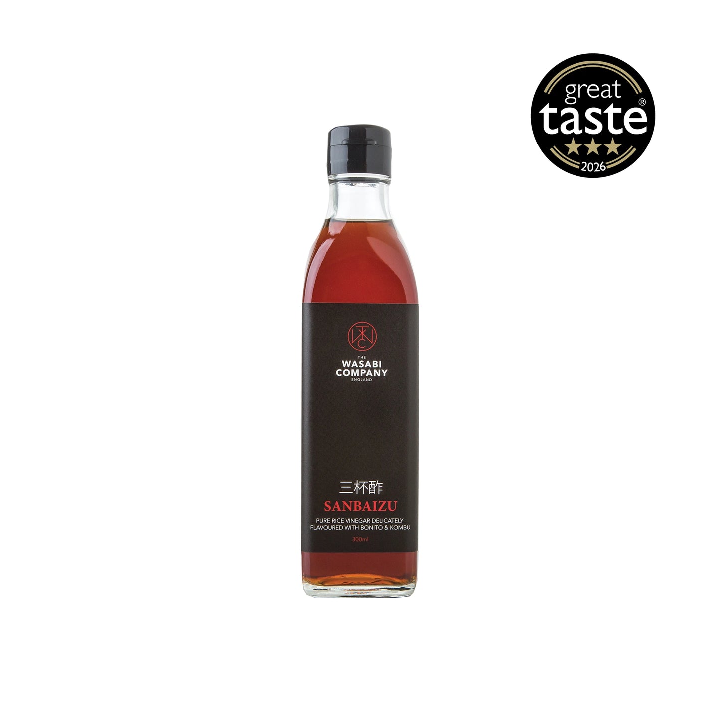 A 300ml bottle of Sanbaizu stands upright with its black label, while a Great Taste 2026 award badge is featured in the top right corner.