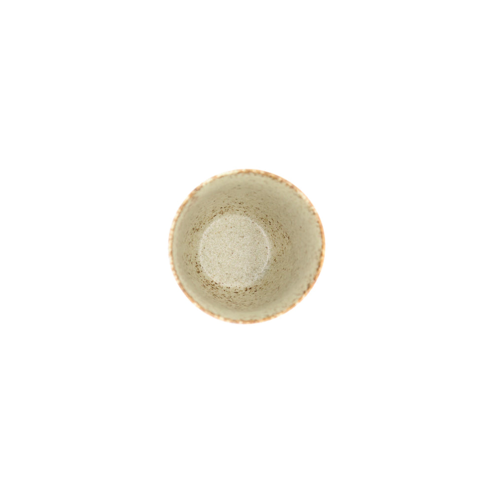 A Tea Mug - Sand Fade, crafted in the Minoyaki porcelain tradition with a speckled beige interior, is shown empty from above against a white background, showcasing the artistry of Gifu Prefecture.