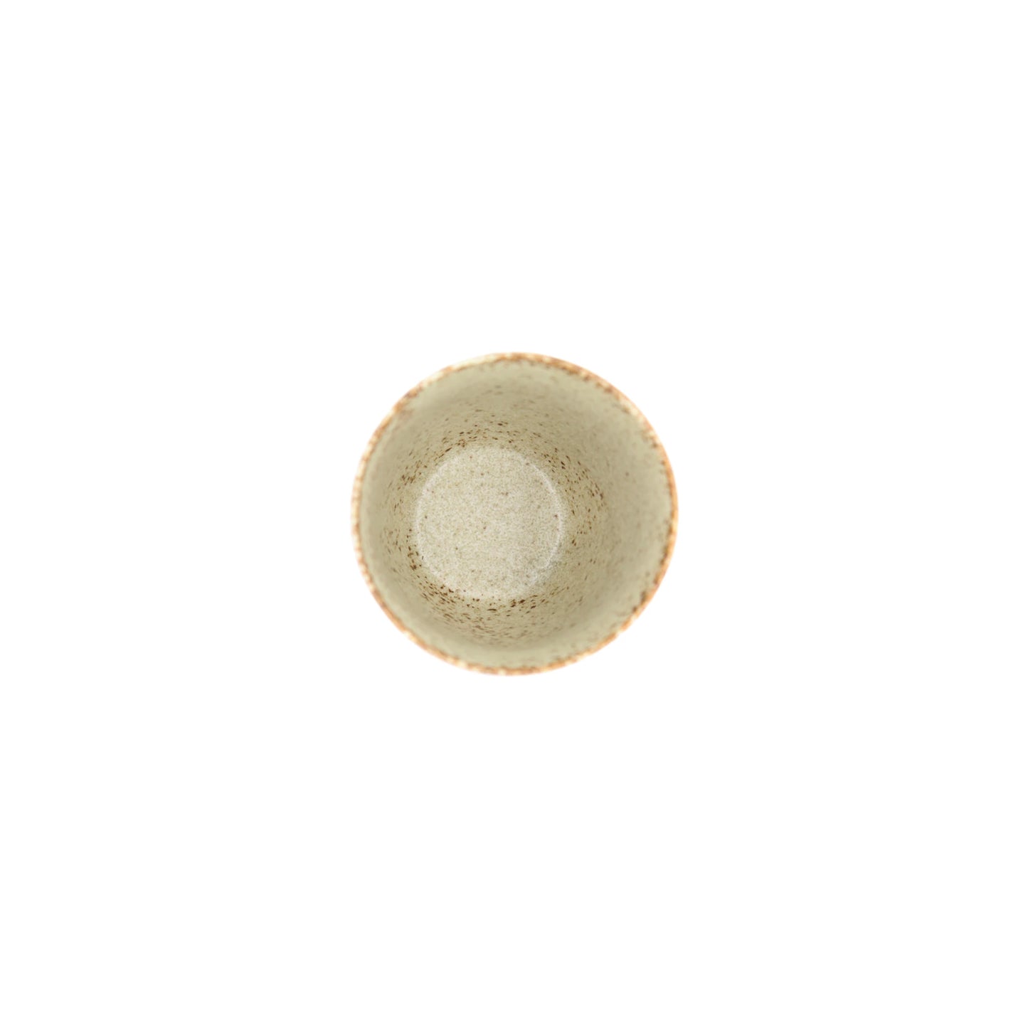 A Tea Mug - Sand Fade, crafted in the Minoyaki porcelain tradition with a speckled beige interior, is shown empty from above against a white background, showcasing the artistry of Gifu Prefecture.