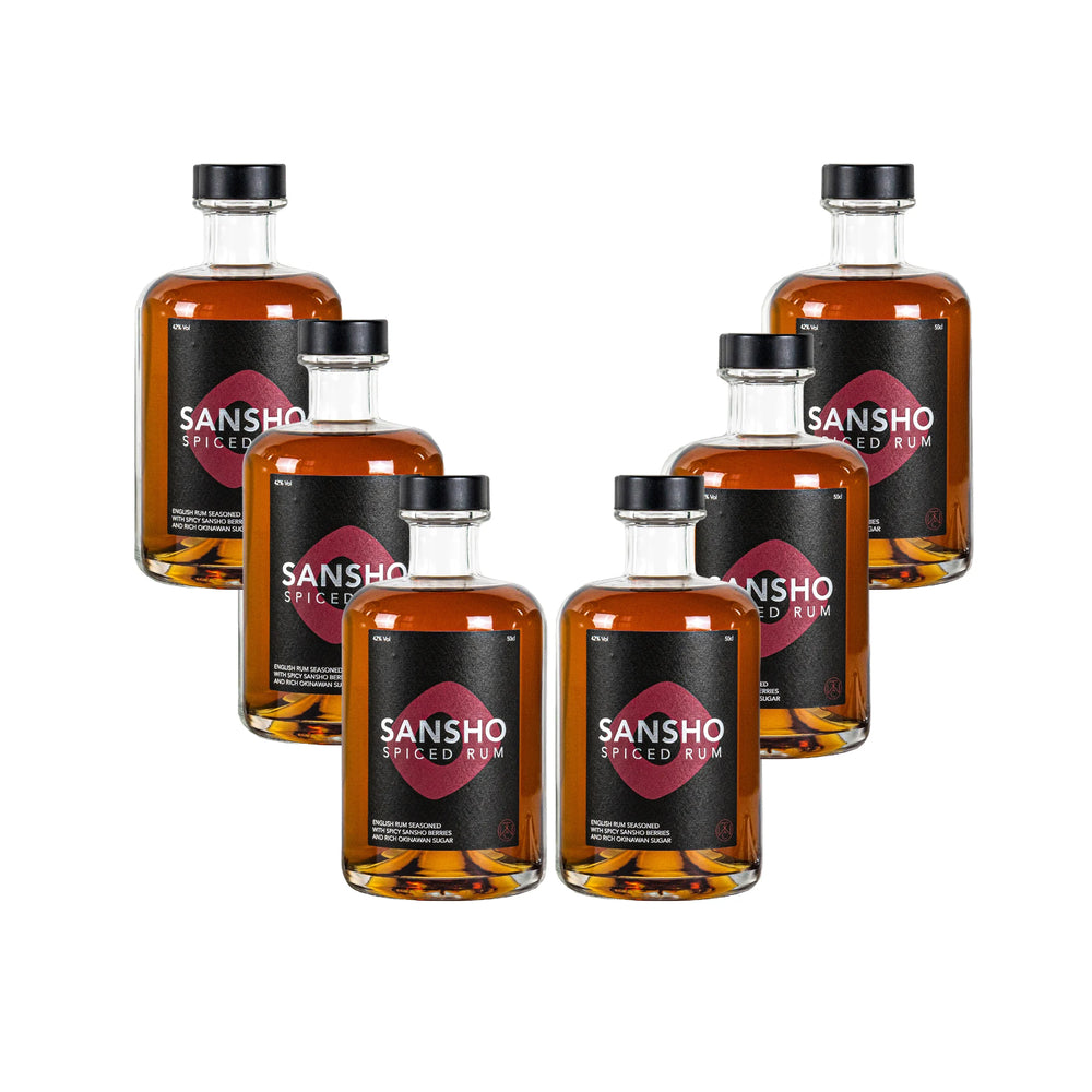
                  
                    Five bottles of Sansho Spiced Rum - 50cl, infused with Japanese flavours and Sansho Berries, are arranged in a V shape against a white background.
                  
                