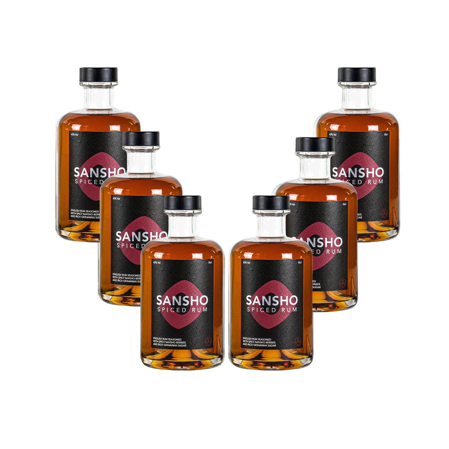 
                  
                    Five bottles of Sansho Spiced Rum - 50cl, infused with Japanese flavours and Sansho Berries, are arranged in a V shape against a white background.
                  
                