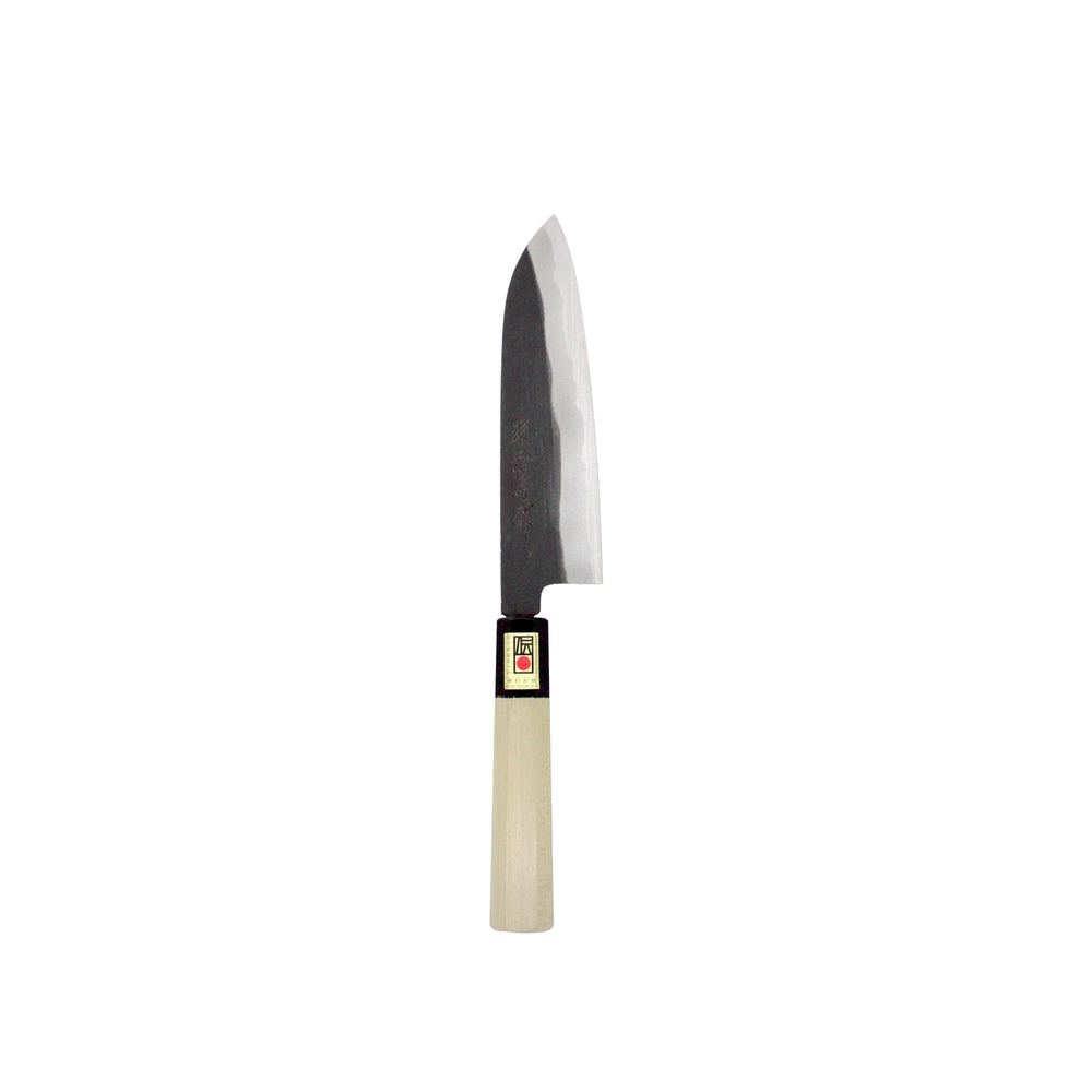 The Santoku Multi-Purpose Knife Black Forged 180mm features a double-bevel edge, a dark blade, and a light wood handle, and is displayed against a white background.