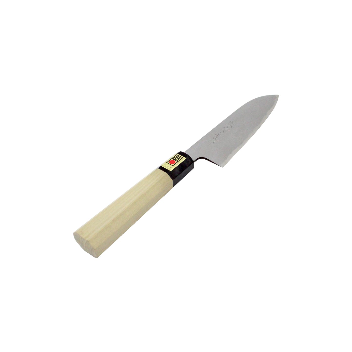 
                  
                    The Santoku Multi-Purpose Knife Migaki Polished - 180mm features a light wooden handle and stainless steel blade, shown on a white background.
                  
                