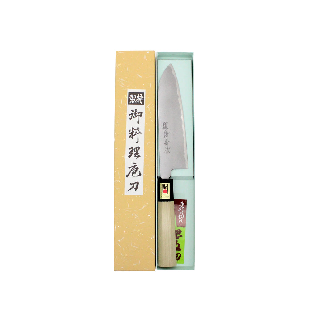 
                  
                    The Santoku Multi-Purpose Knife Migaki Polished - 180mm is a Japanese kitchen knife with a wooden handle, presented in a stylish yellow and green box with Japanese text on both the knife and its packaging.
                  
                