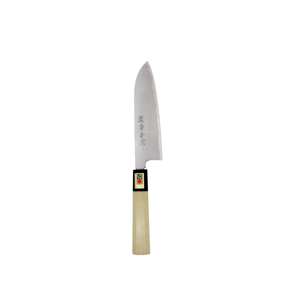 The Santoku Multi-Purpose Knife Migaki Polished - 180mm features a wooden handle and a wide blade with engraved characters, displayed against a white background.