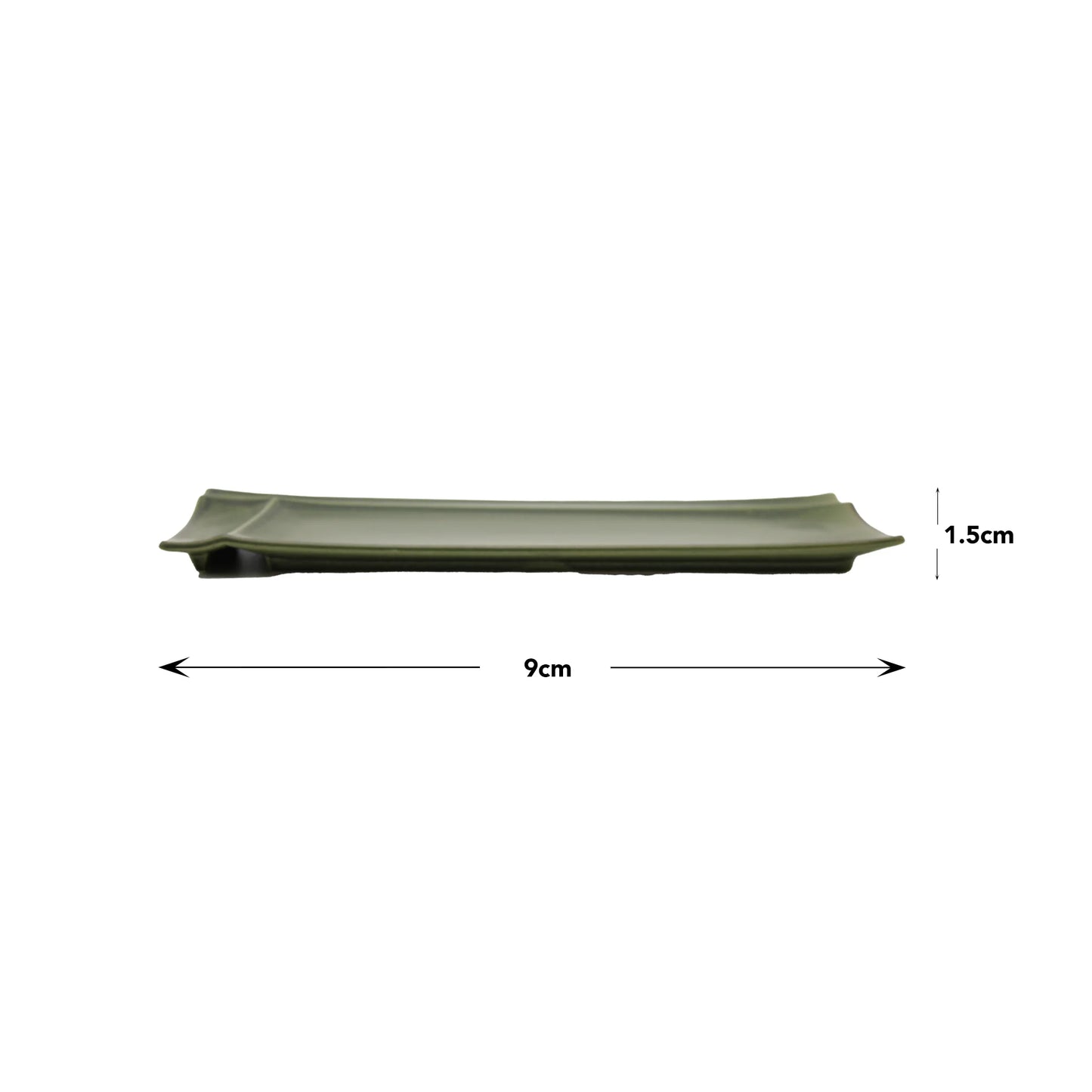 
                  
                    The Sashimi Plate - Forest Green Sectioned is a rectangular Minoyaki porcelain tray, shown from the side with arrows marking its 9 cm length and 1.5 cm height; perfect as a sashimi plate inspired by Gifu prefecture craftsmanship.
                  
                
