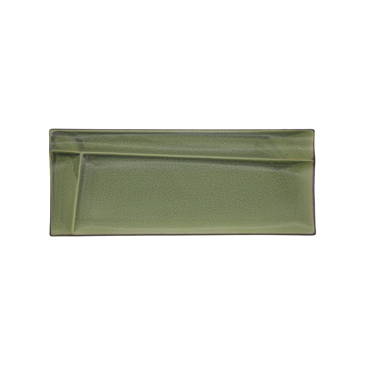 The Sashimi Plate - Forest Green Sectioned features a rectangular Minoyaki porcelain design with slightly raised edges and modern asymmetry, inspired by Gifu craftsmanship—ideal for serving sashimi.