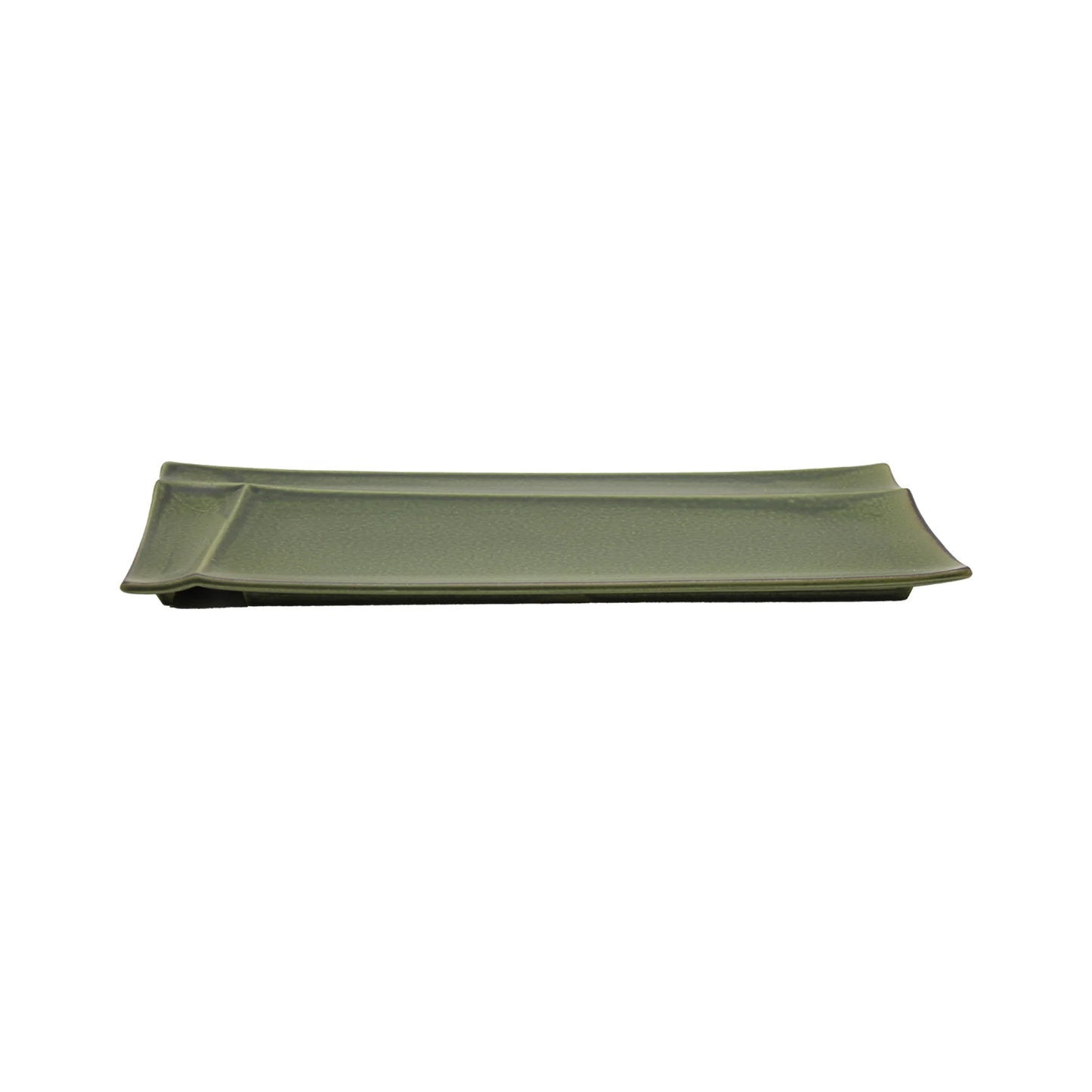 Forest Green Sectioned Sashimi Plate: a rectangular Minoyaki porcelain plate with slightly raised edges, perfect for serving sashimi, shown on a white background.