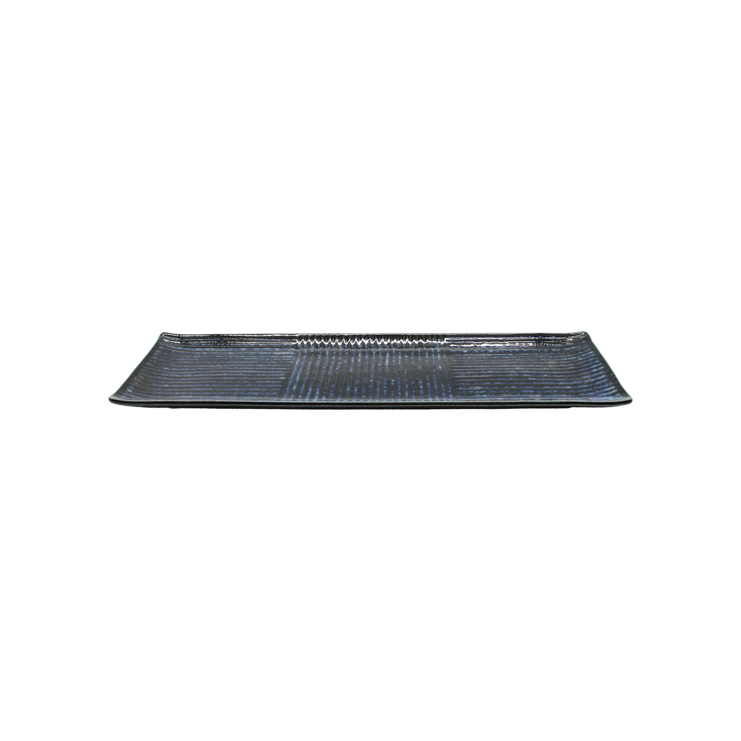 
                  
                    The Sashimi Plate - Lined Indigo Blue features a rectangular black ceramic design with a textured surface and subtle indigo blue glaze, shown from the side against a white background—perfect for elegantly presenting sashimi and other dishes.
                  
                