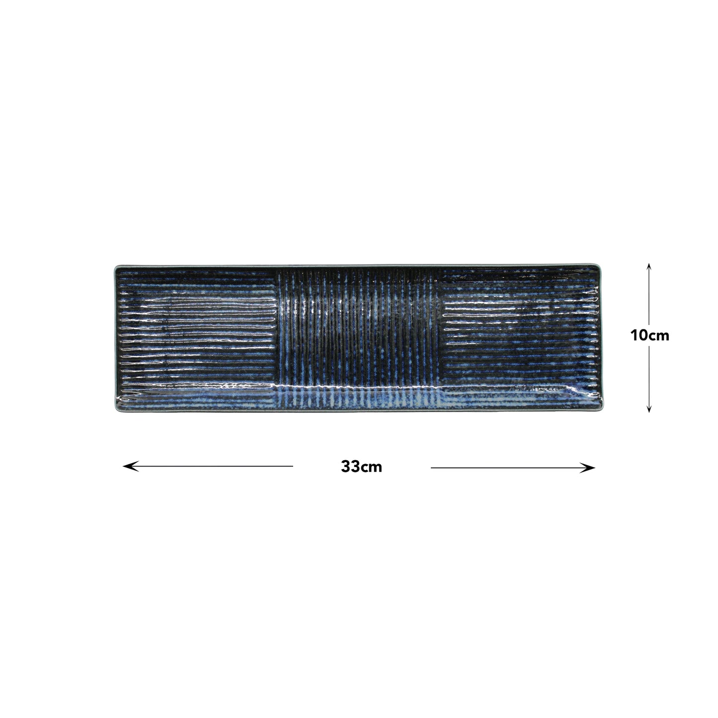 
                  
                    The Sashimi Plate - Lined Indigo Blue is a rectangular ceramic serving plate with a textured, dark indigo glaze, measuring 33 x 10 cm—ideal for sashimi and shown on a white background.
                  
                