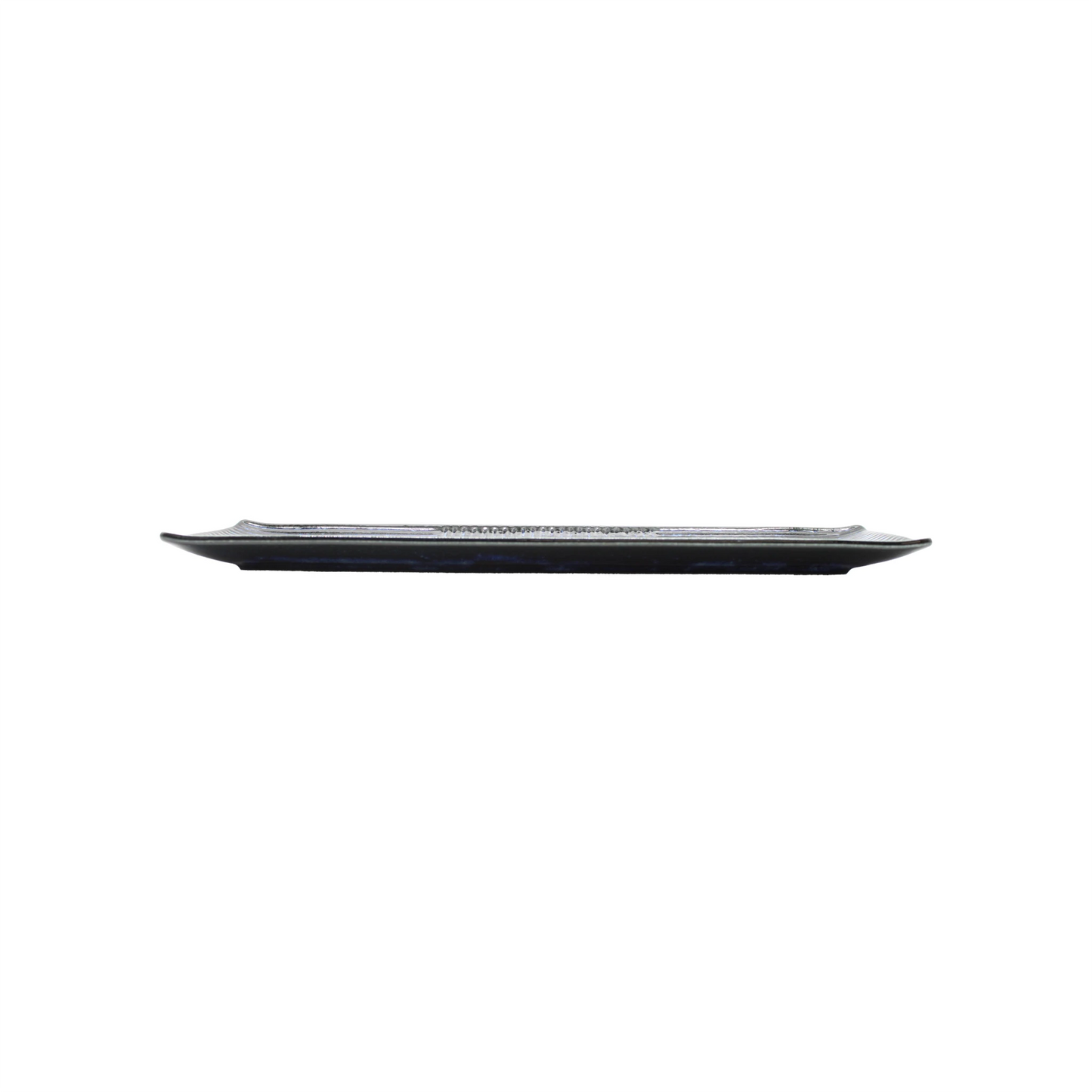 
                  
                    The Sashimi Plate - Lined Indigo Blue is a rectangular black ceramic serving plate with a subtle indigo blue glaze, shown from the side against a white background. This elegant tray is also dishwasher safe.
                  
                