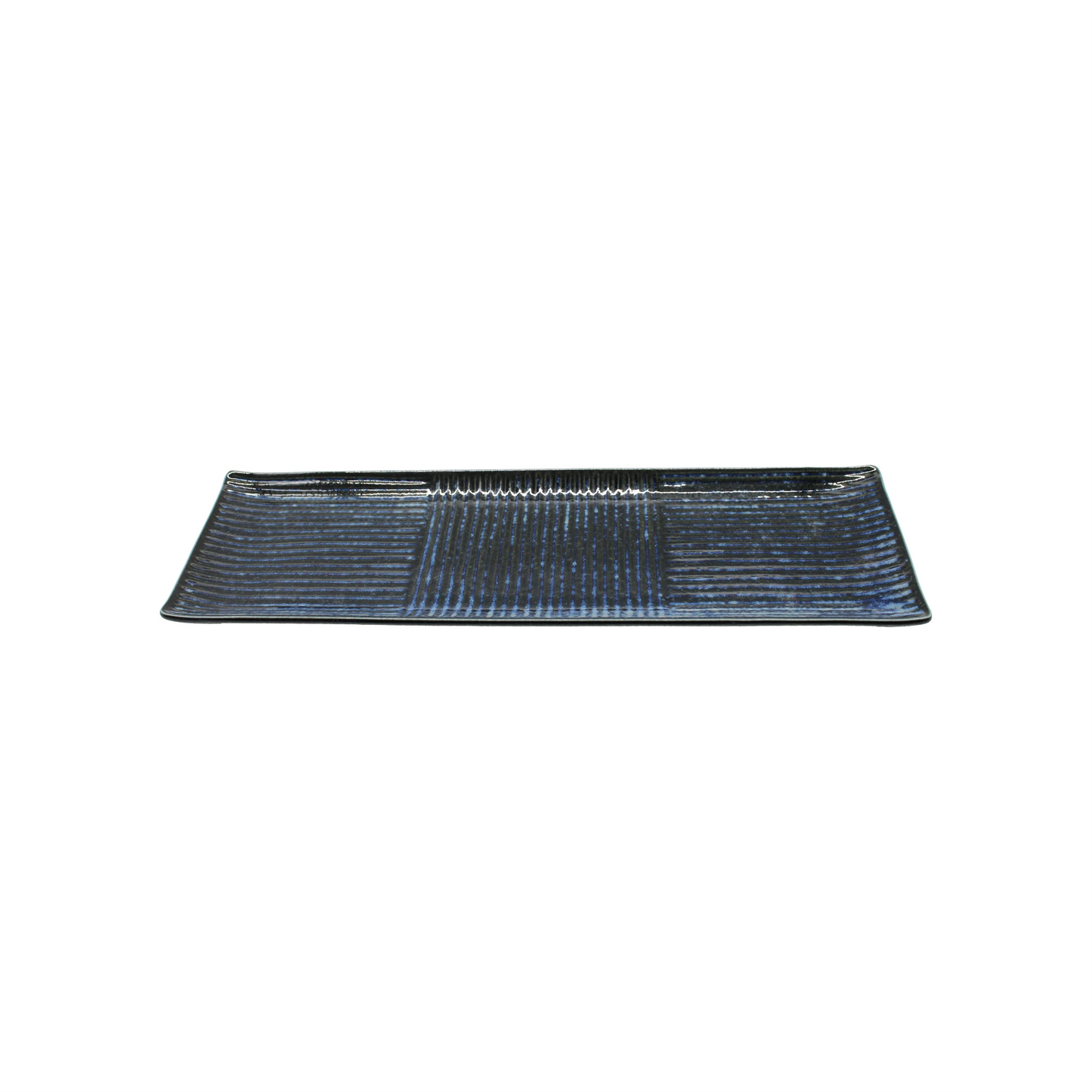 Sashimi Plate - Lined Indigo Blue: Rectangular black ceramic plate featuring a ribbed texture and subtle indigo blue glaze, shown on a white background.